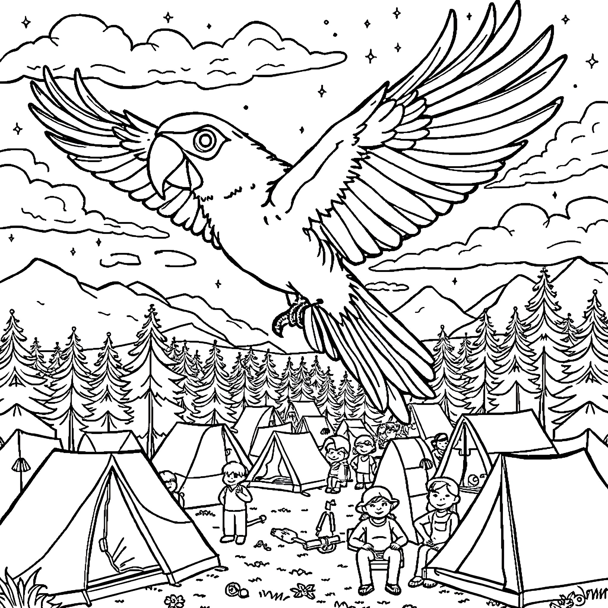 Parrot soaring over a serene camping scene Coloring Page (free black-and-white line drawing printable PDF for all, from beginners to advanced learners, including children, teens, adults, and seniors)