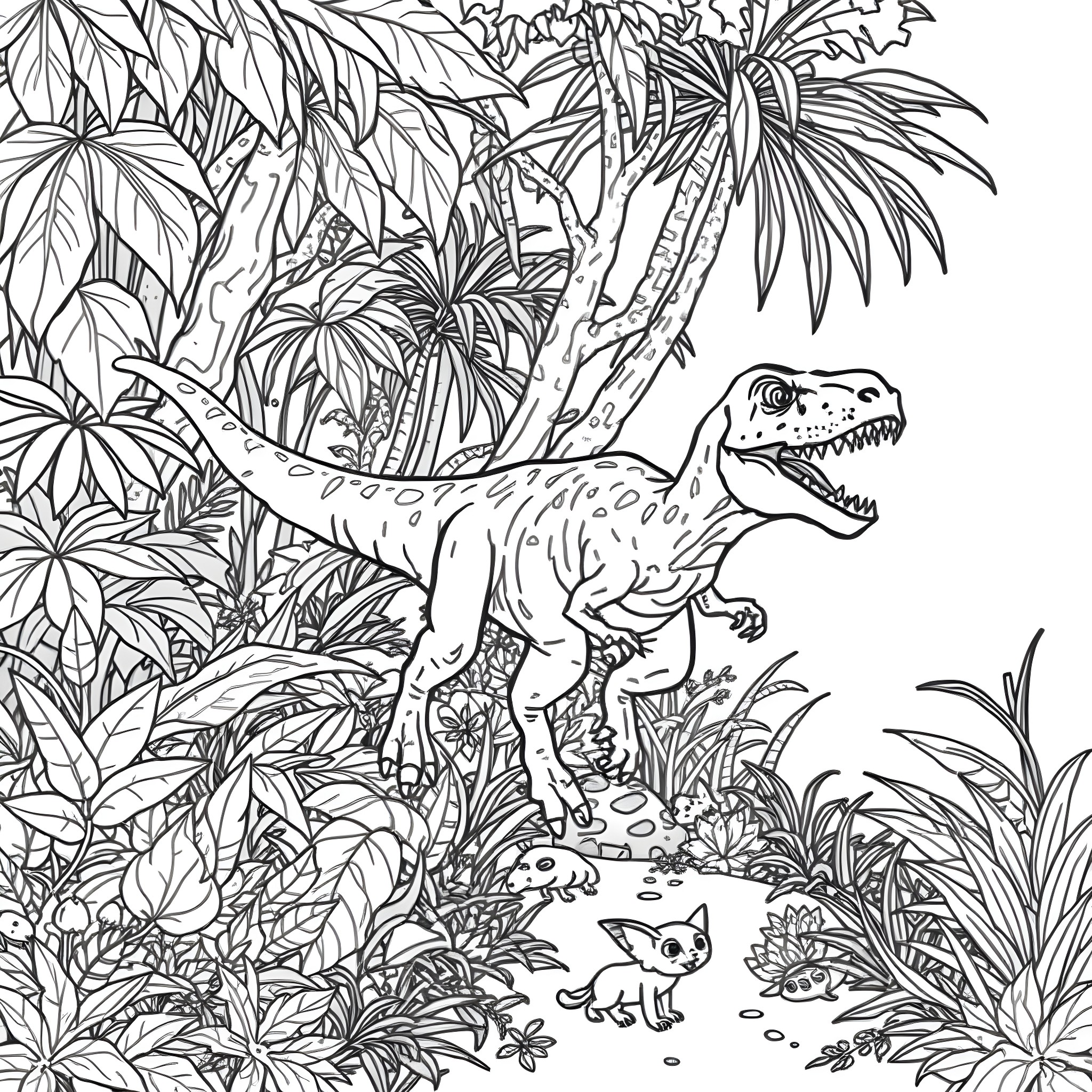 Dinosaur roaming in lush tropical jungle Coloring Page (free black-and-white line drawing printable PDF for all, from beginners to advanced learners, including children, teens, adults, and seniors)