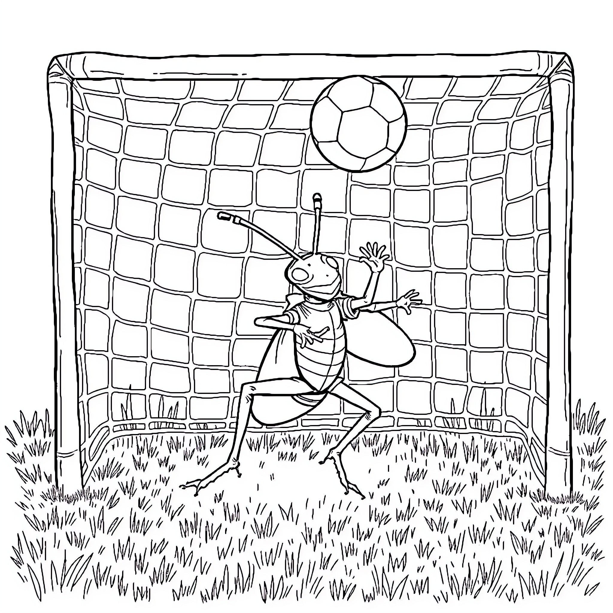 Cockroach playing soccer in front of goal Coloring Page (free black-and-white line drawing printable PDF for all, from beginners to advanced learners, including children, teens, adults, and seniors)