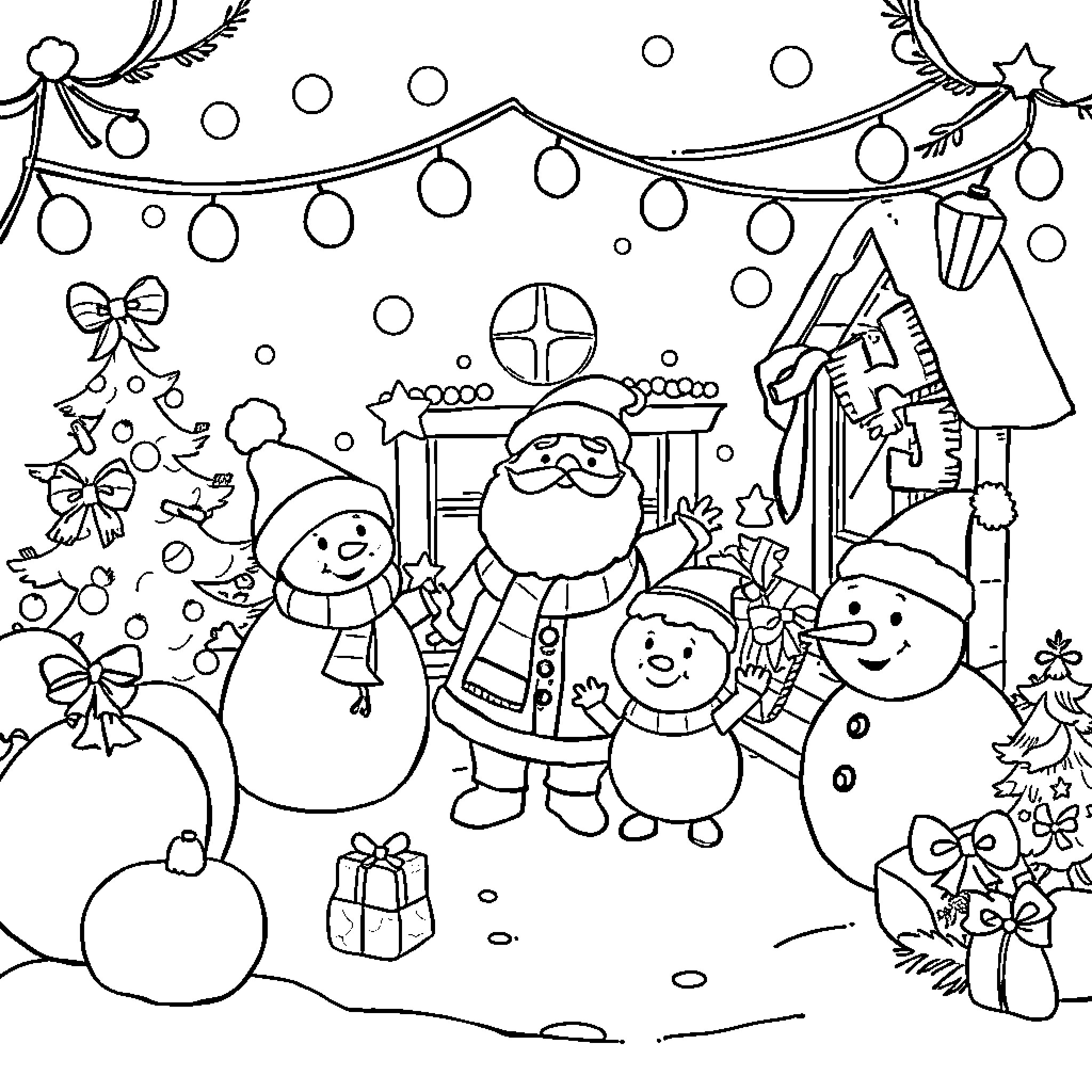 Christmas Scene with Festive Decorations and Figures Coloring Page (free black-and-white line drawing printable PDF for all, from beginners to advanced learners, including children, teens, adults, and seniors)