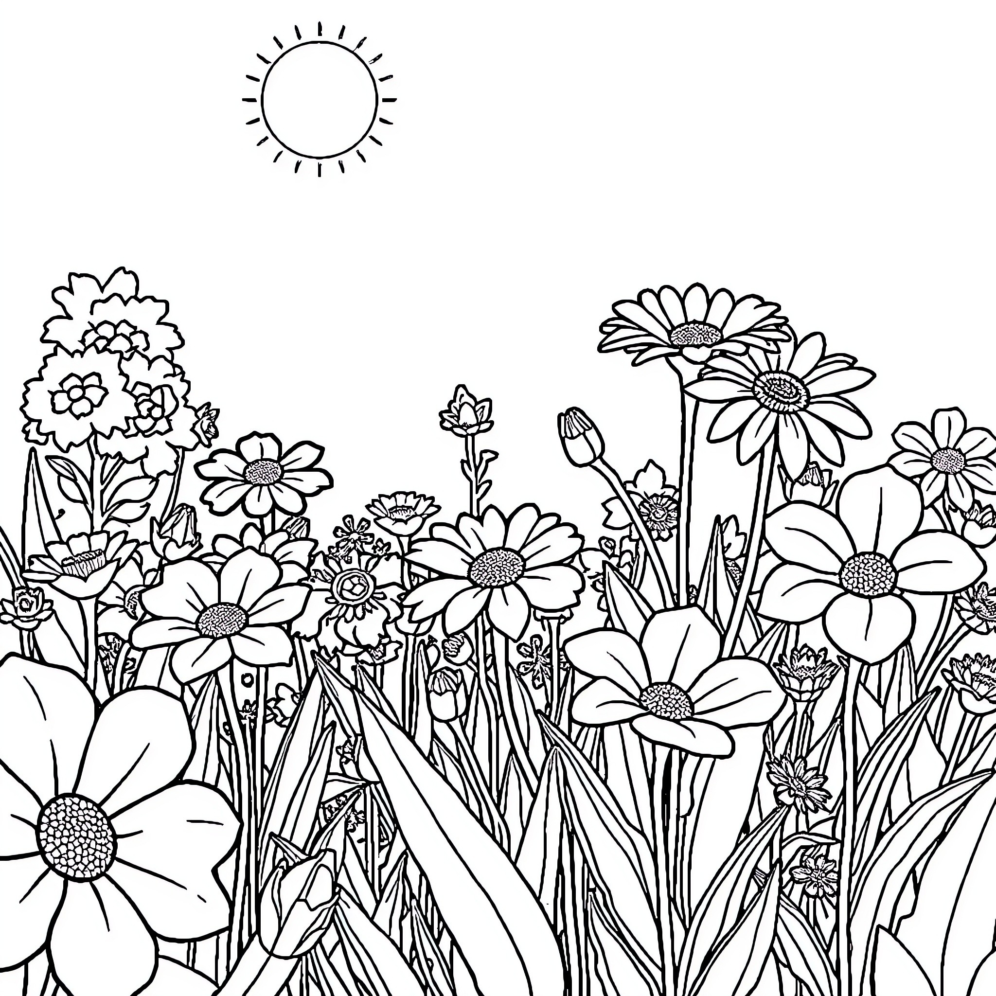 Flower garden filled with blooming flowers Coloring Page (free black-and-white line drawing printable PDF for all, from beginners to advanced learners, including children, teens, adults, and seniors)