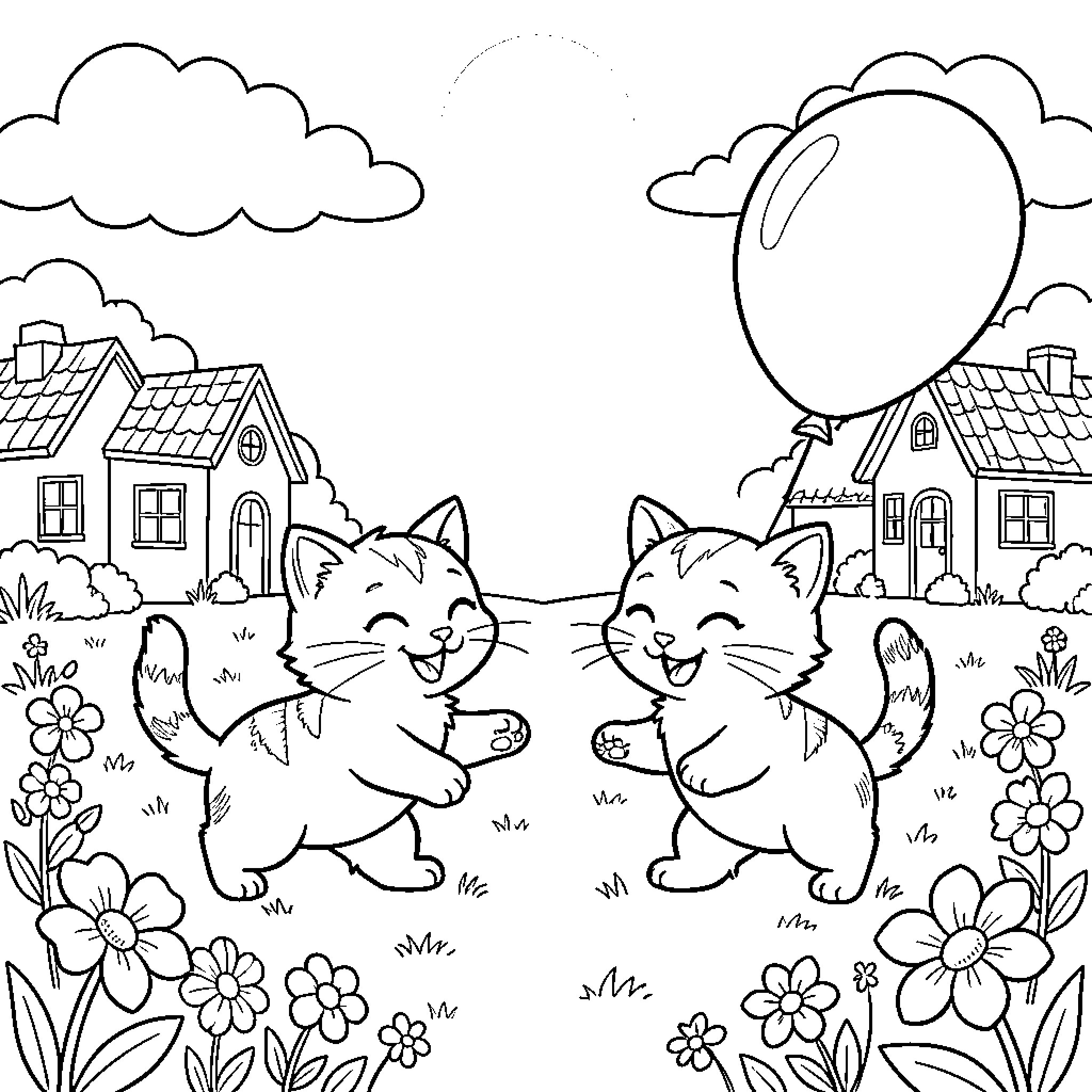 Cats playing cheerfully in a flowery meadow Coloring Page (free black-and-white line drawing printable PDF for all, from beginners to advanced learners, including children, teens, adults, and seniors)