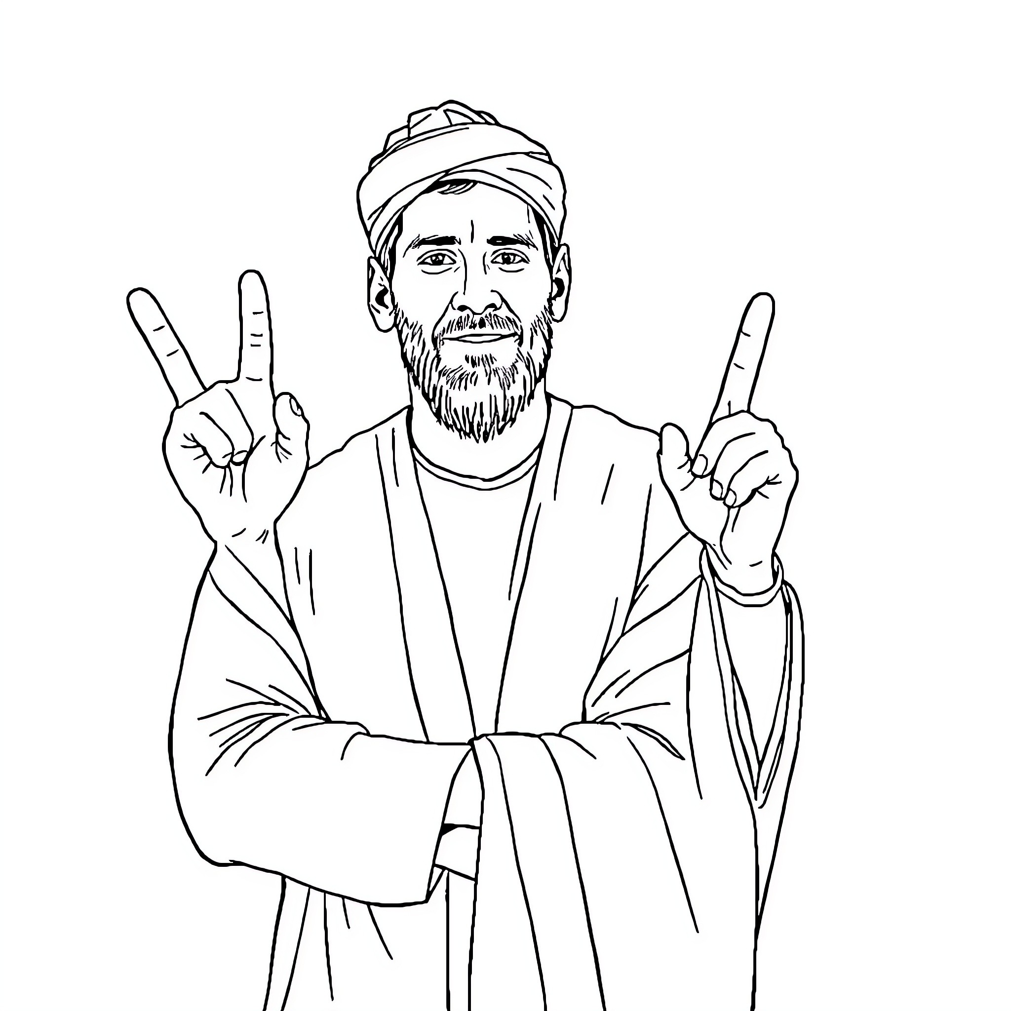 Messi showing victory signs in celebratory pose Coloring Page (free black-and-white line drawing printable PDF for all, from beginners to advanced learners, including children, teens, adults, and seniors)