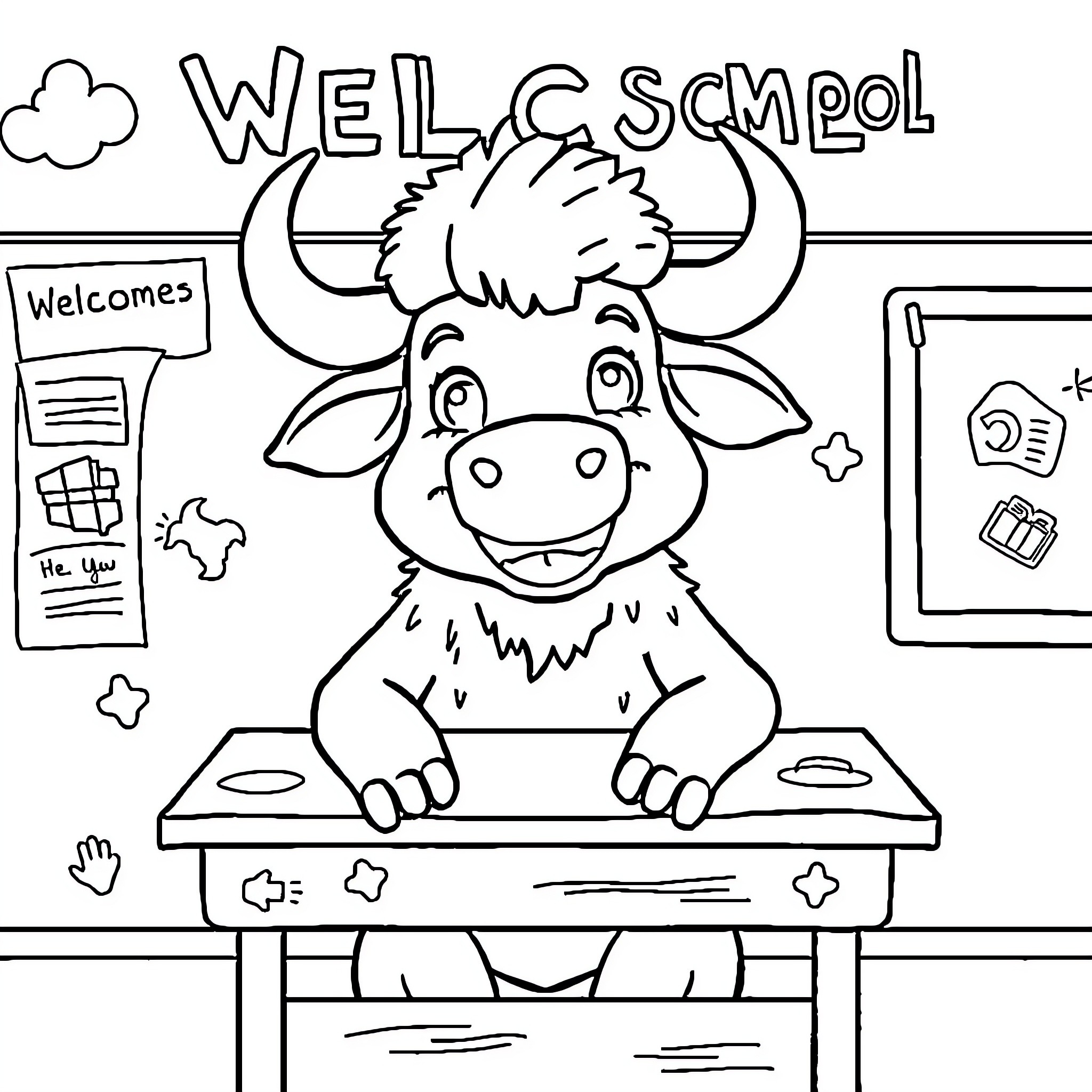 Buffalo calf welcoming students to school Coloring Page (free black-and-white line drawing printable PDF for all, from beginners to advanced learners, including children, teens, adults, and seniors)