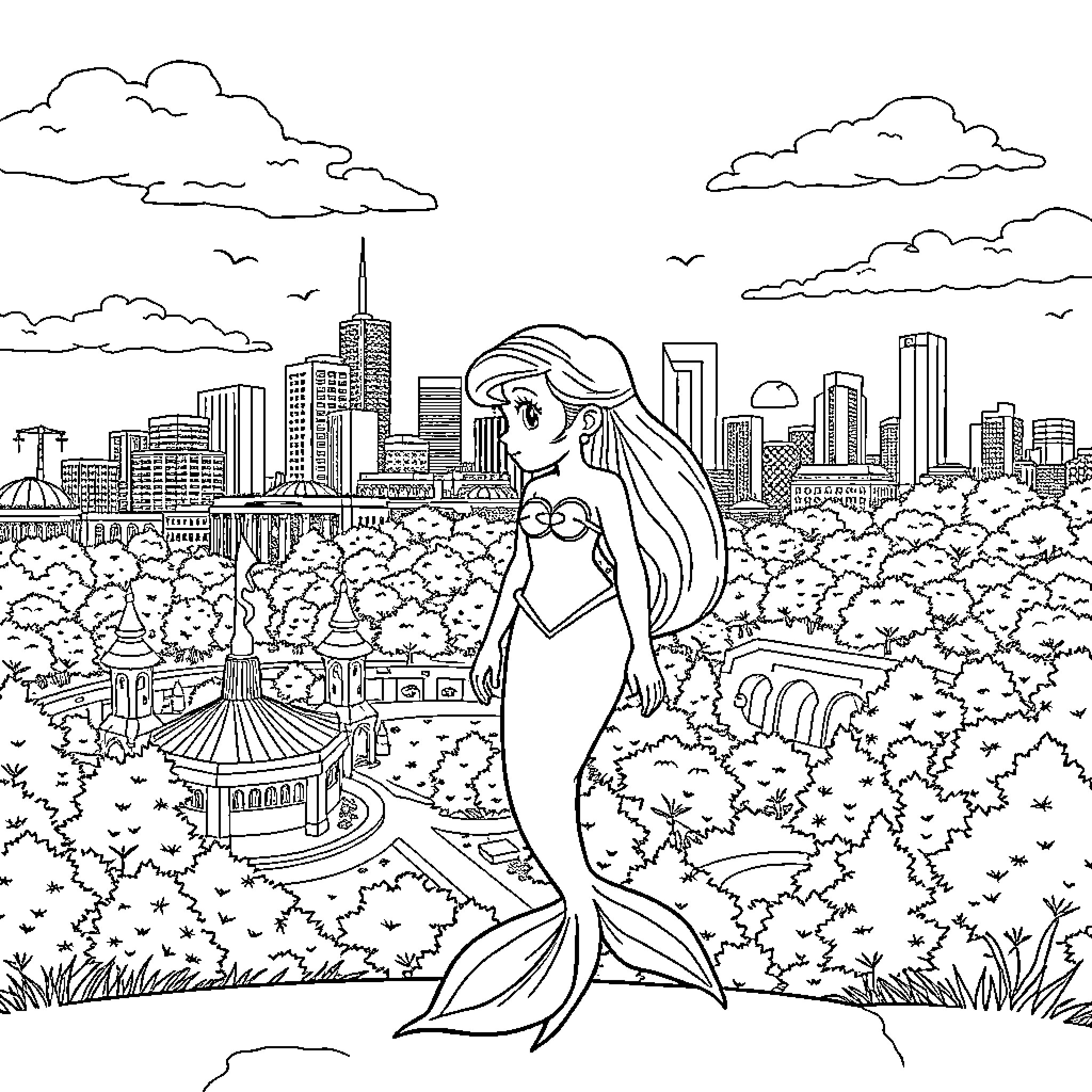 Ariel gazing at the city skyline from a nature scene Coloring Page (free black-and-white line drawing printable PDF for all, from beginners to advanced learners, including children, teens, adults, and seniors)