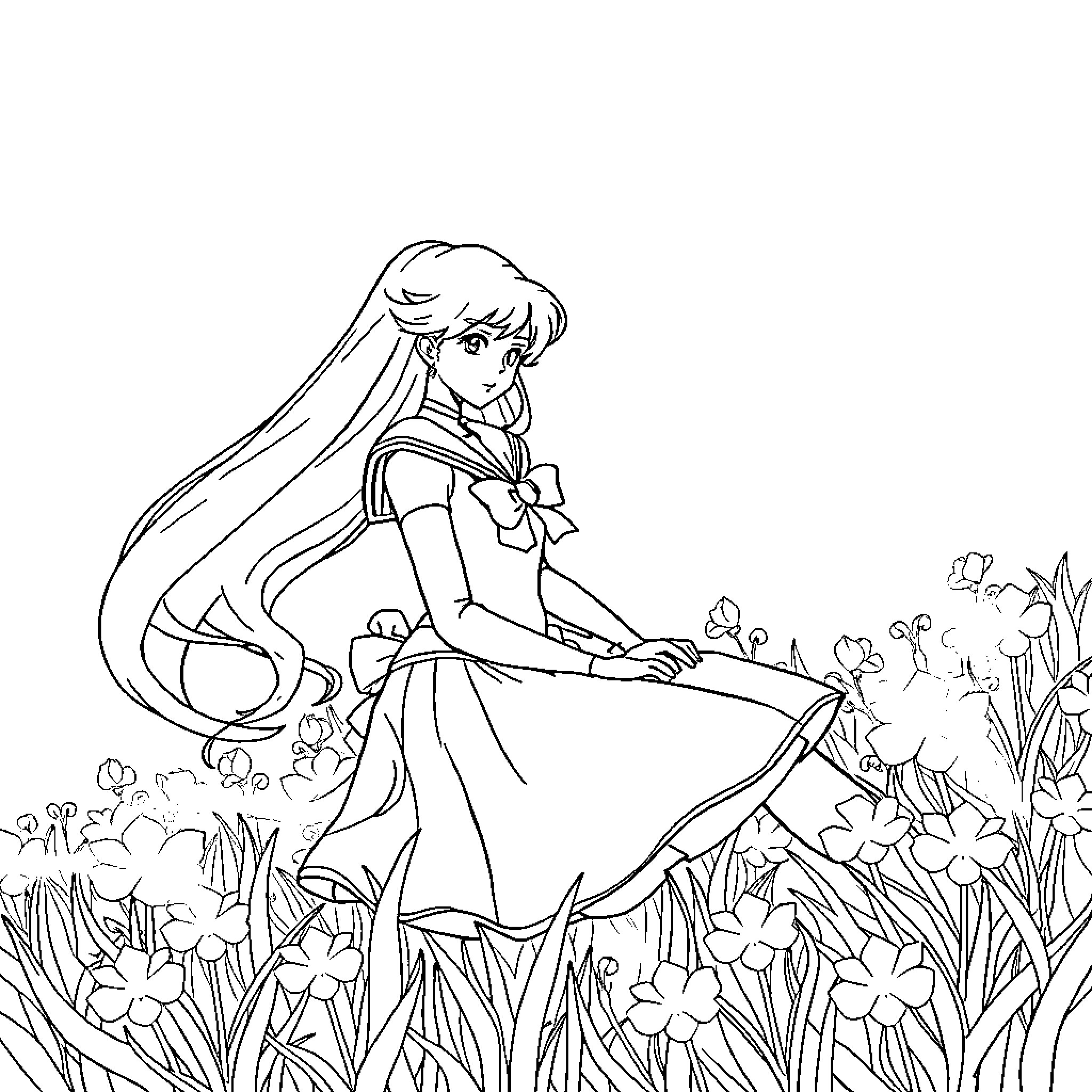 Aurora's Floral Adventure Coloring Page (free black-and-white line drawing printable PDF for all, from beginners to advanced learners, including children, teens, adults, and seniors)