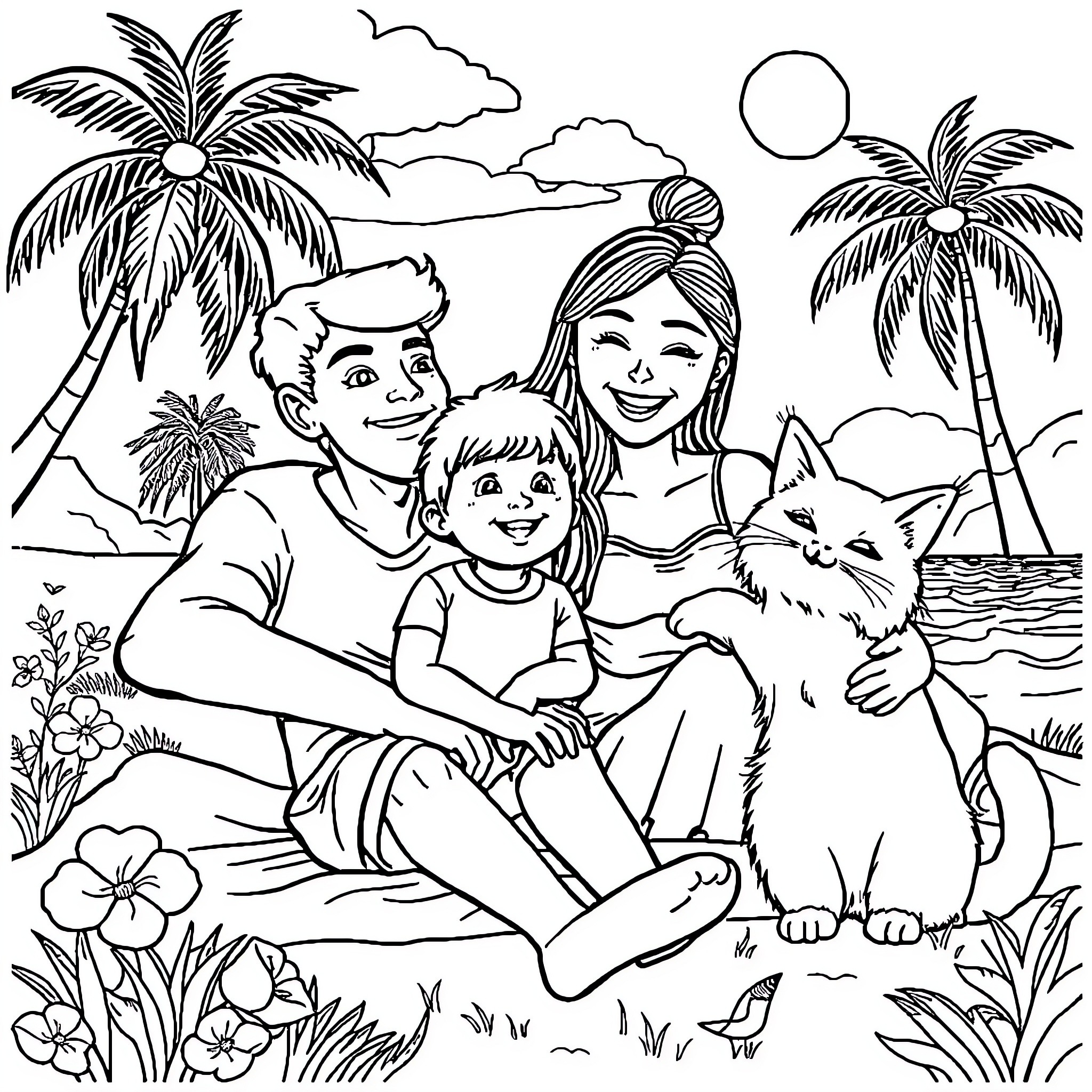 Family Enjoying a Beach Vacation with Pets Coloring Page (free black-and-white line drawing printable PDF for all, from beginners to advanced learners, including children, teens, adults, and seniors)