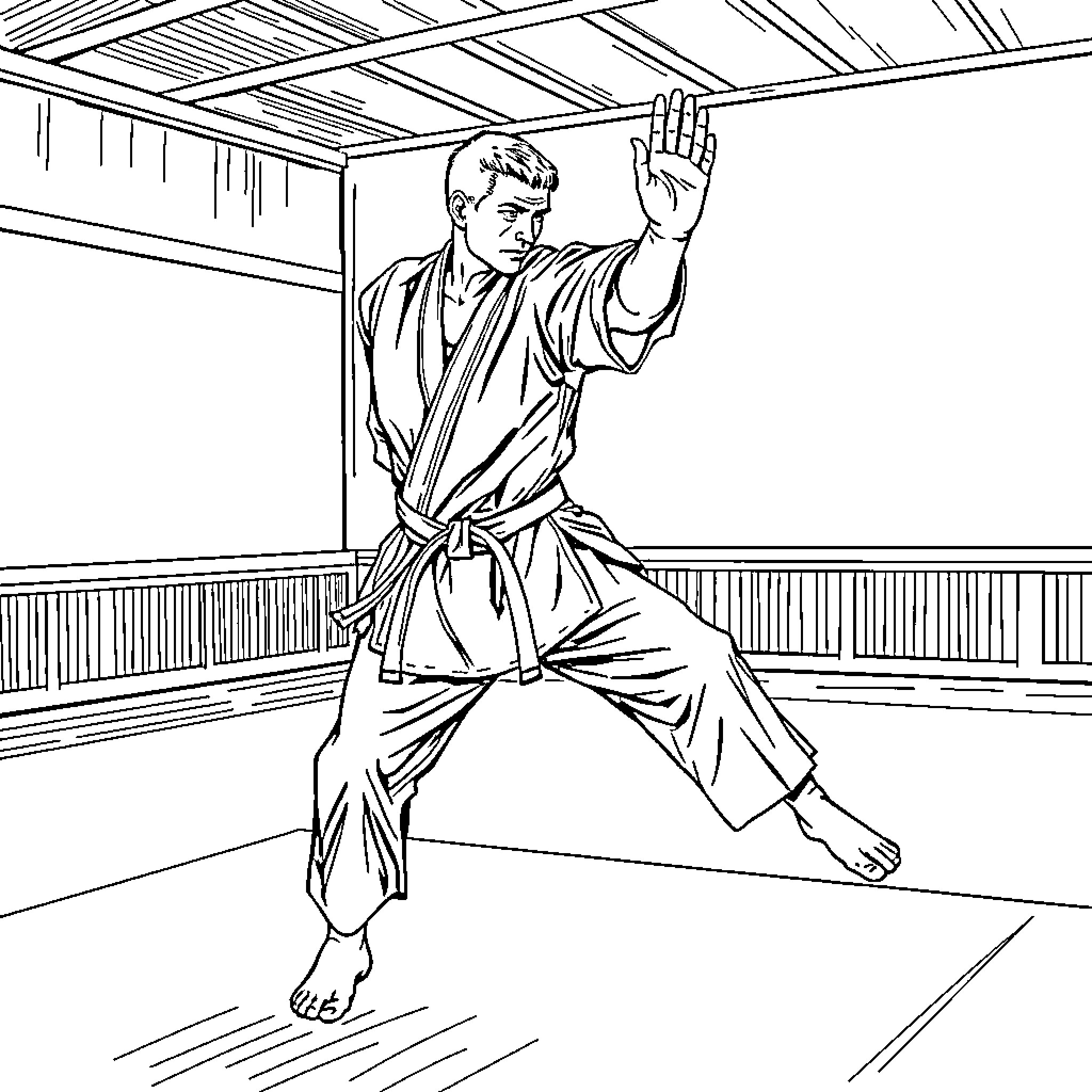 Karateka performing martial arts techniques indoors Coloring Page (free black-and-white line drawing printable PDF for all, from beginners to advanced learners, including children, teens, adults, and seniors)
