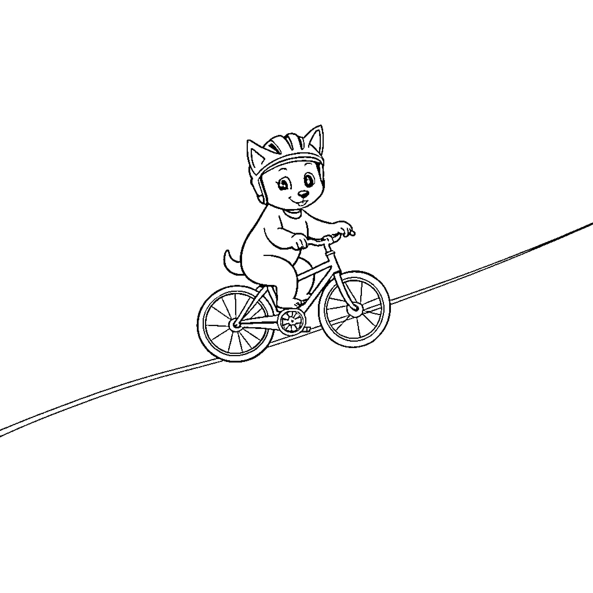 Dog riding bicycle on path Coloring Page (free black-and-white line drawing printable PDF for all, from beginners to advanced learners, including children, teens, adults, and seniors)