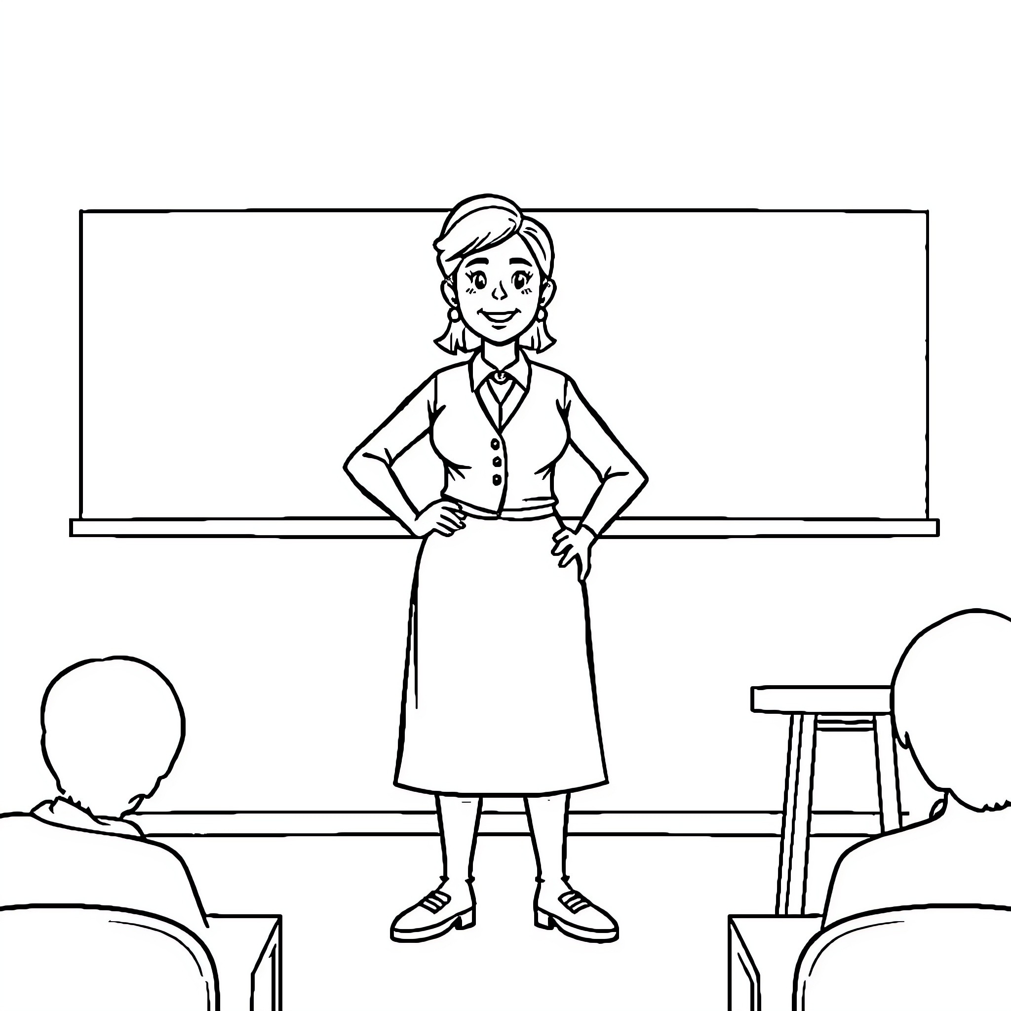 Teacher standing confidently in front of the class Coloring Page (free black-and-white line drawing printable PDF for all, from beginners to advanced learners, including children, teens, adults, and seniors)
