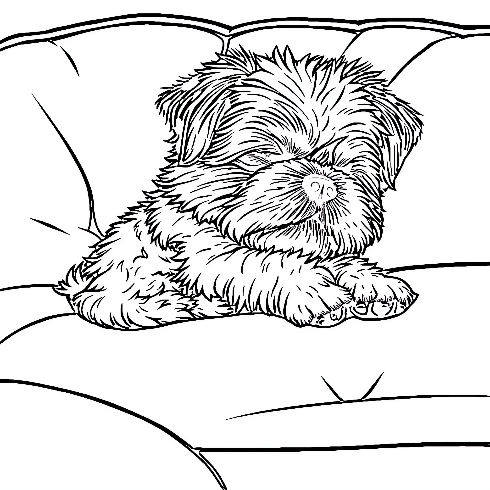 Shih Tzu relaxing peacefully on couch Coloring Page (free black-and-white line drawing printable PDF for all, from beginners to advanced learners, including children, teens, adults, and seniors)