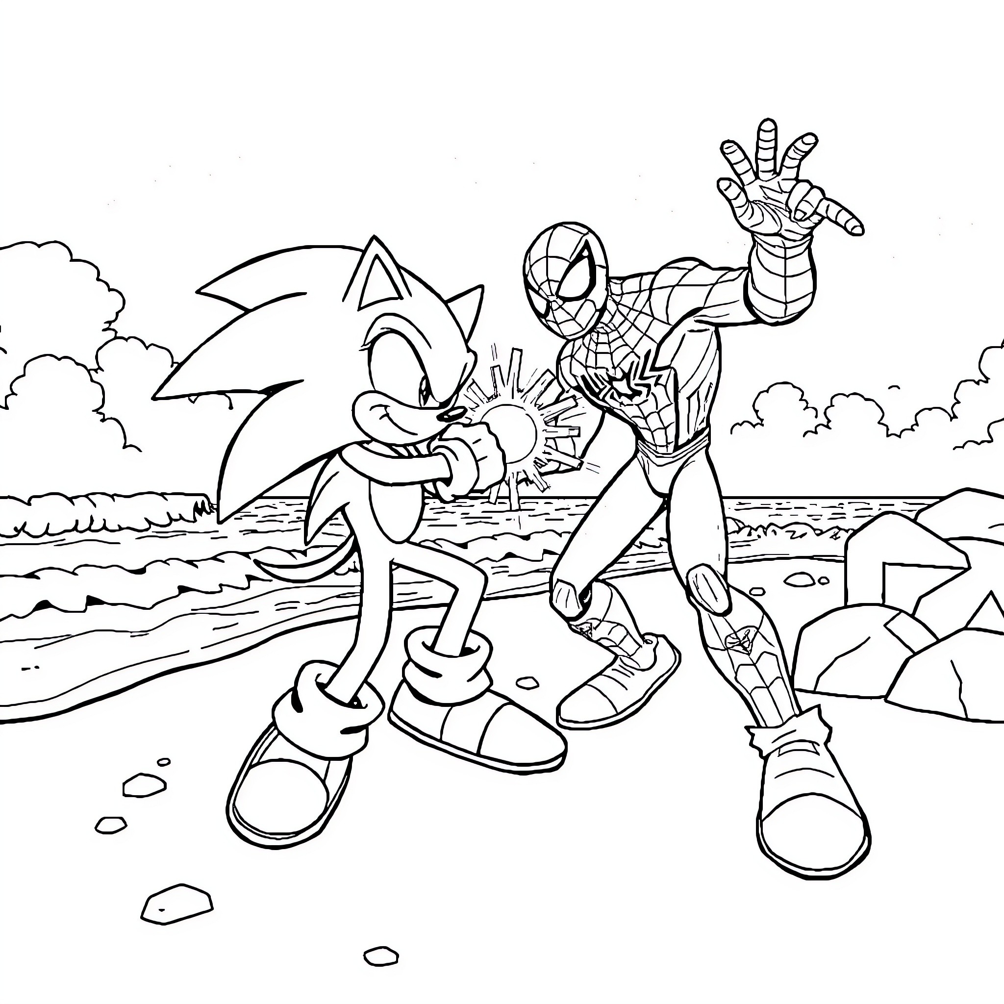 Sonic and Spider-Man's Exciting Adventure Coloring Page (free black-and-white line drawing printable PDF for all, from beginners to advanced learners, including children, teens, adults, and seniors)