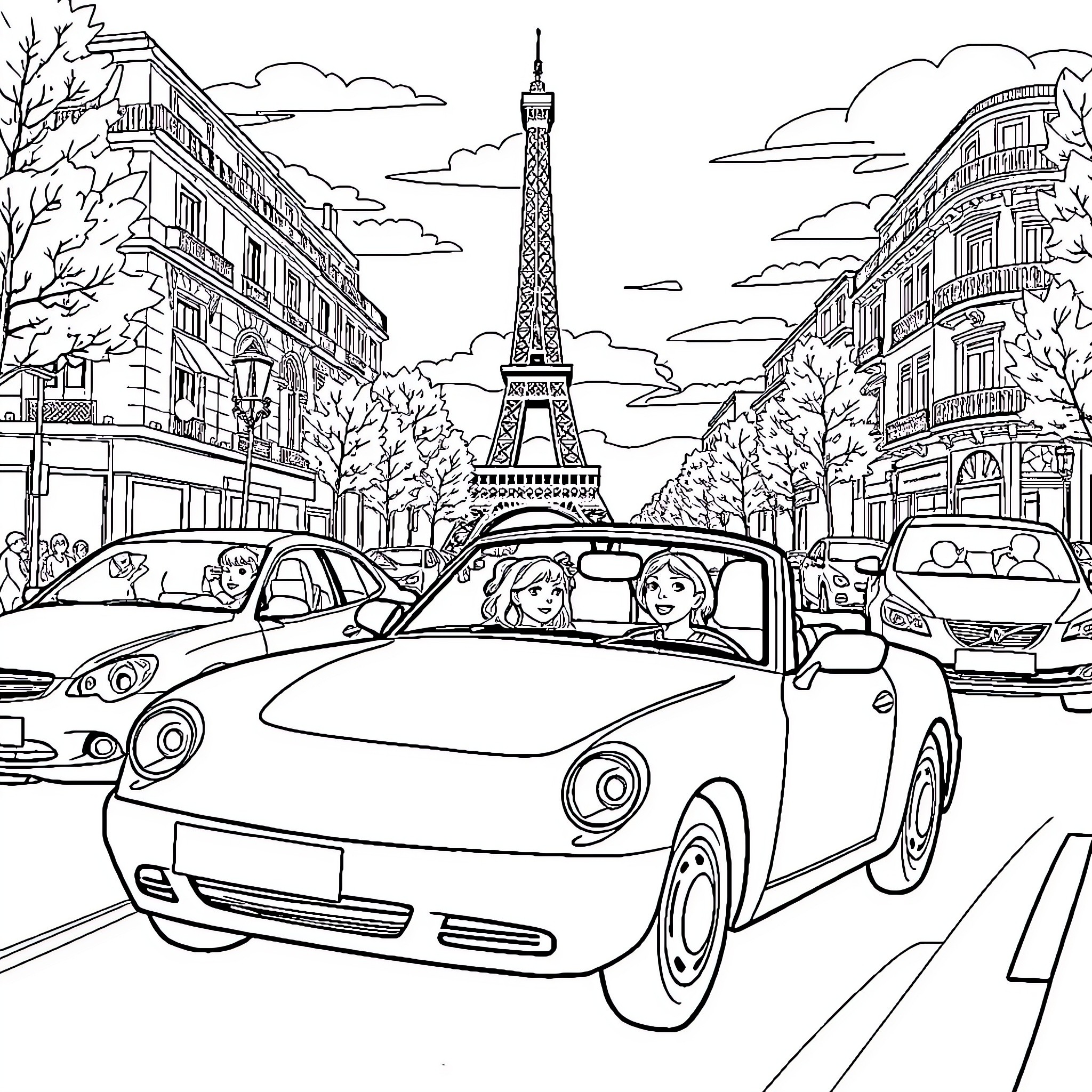 Car driving by Eiffel Tower and cityscape Coloring Page (free black-and-white line drawing printable PDF for all, from beginners to advanced learners, including children, teens, adults, and seniors)