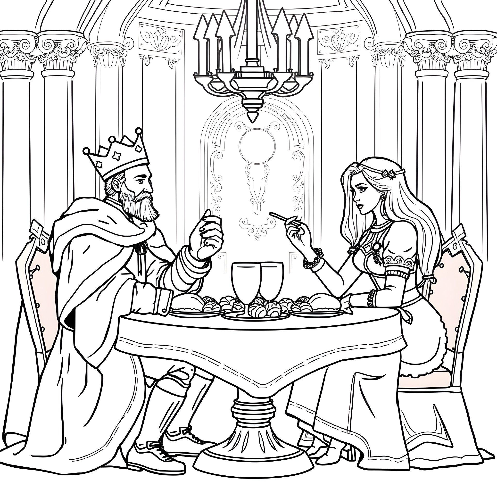 King Enjoying a Feast with the Queen Coloring Page (free black-and-white line drawing printable PDF for all, from beginners to advanced learners, including children, teens, adults, and seniors)
