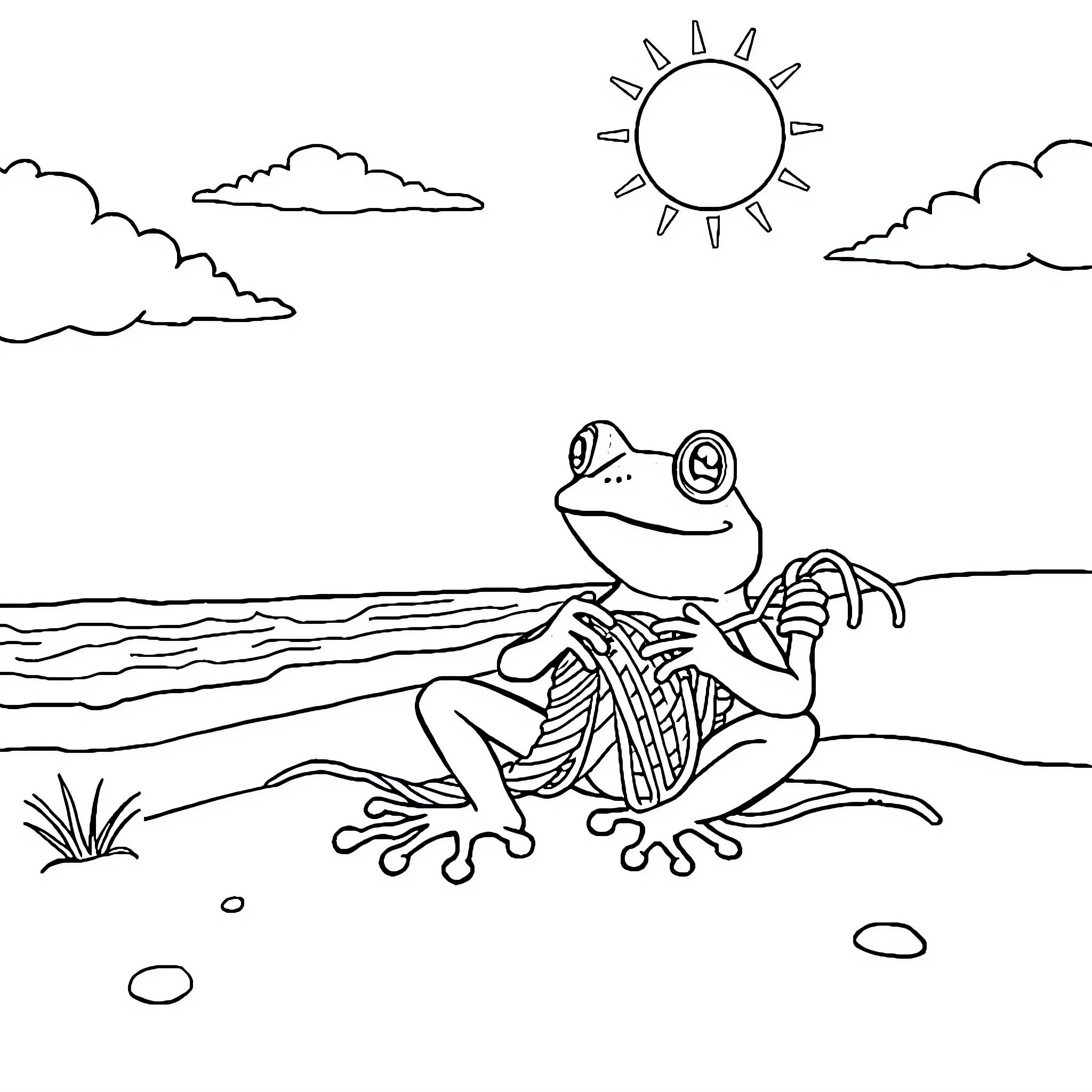Frog relaxing on the beach under the sun Coloring Page (free black-and-white line drawing printable PDF for all, from beginners to advanced learners, including children, teens, adults, and seniors)