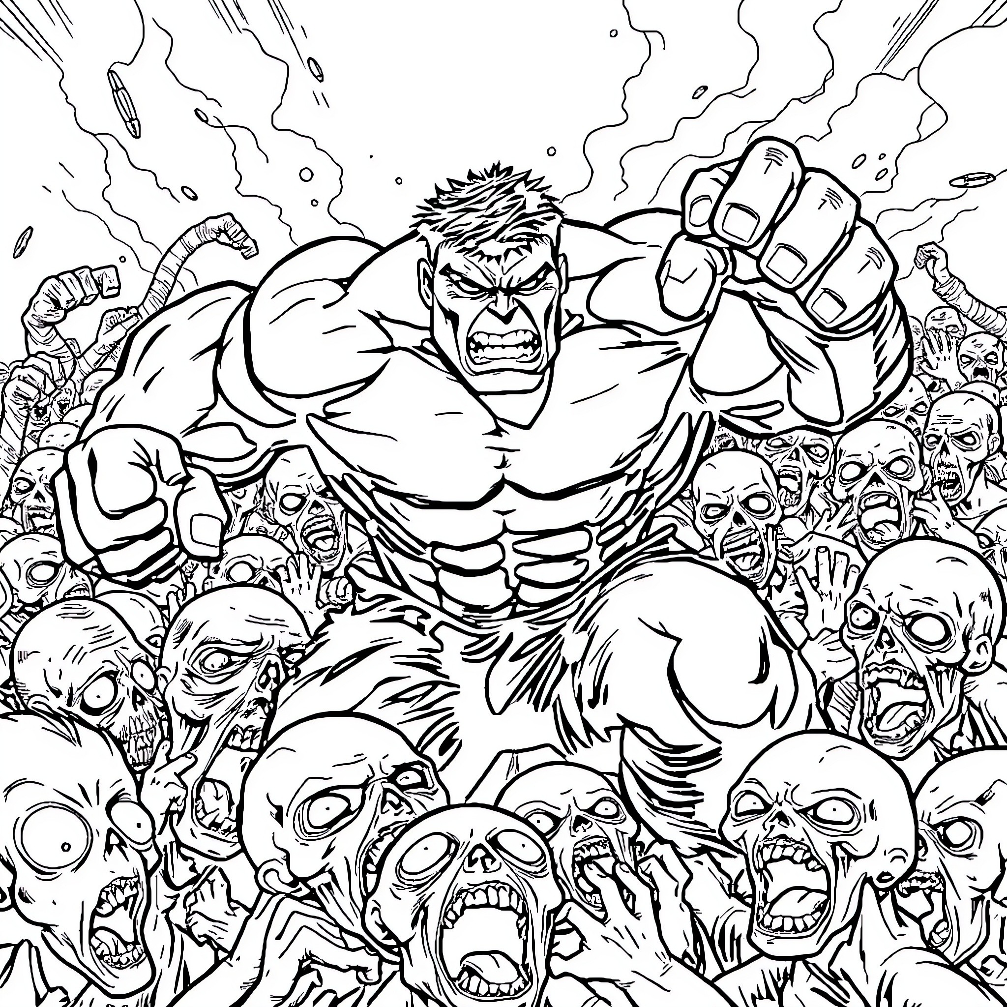 Hulk Smashing Through a Horde of Zombies Coloring Page (free black-and-white line drawing printable PDF for all, from beginners to advanced learners, including children, teens, adults, and seniors)
