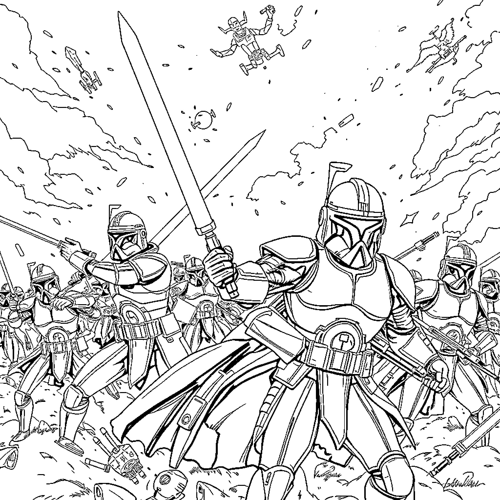 Clone Wars: Fierce Clashes of Armored Soldiers Coloring Page (free black-and-white line drawing printable PDF for all, from beginners to advanced learners, including children, teens, adults, and seniors)