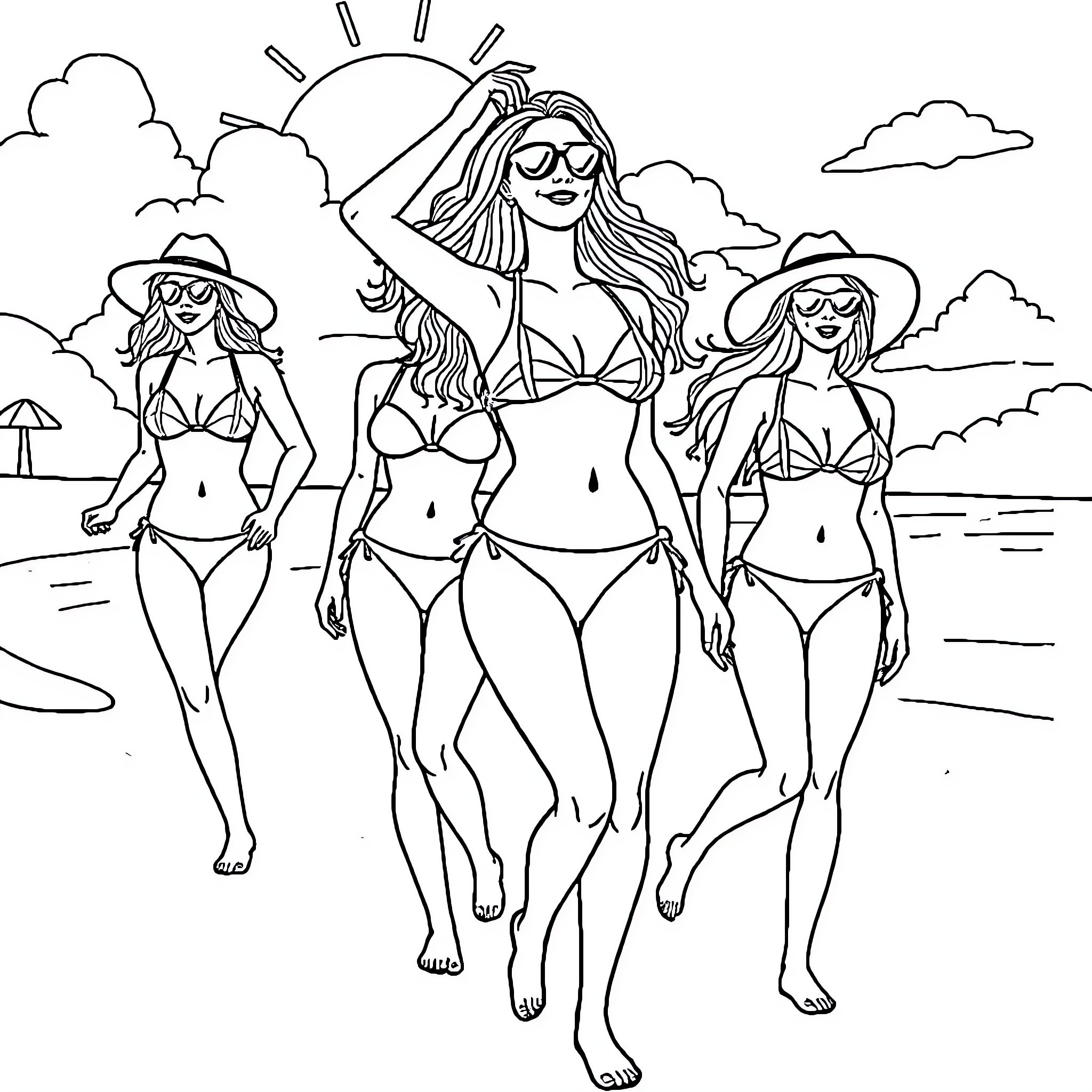 Bikini Girls Enjoying the Sunny Beach Coloring Page (free black-and-white line drawing printable PDF for all, from beginners to advanced learners, including children, teens, adults, and seniors)