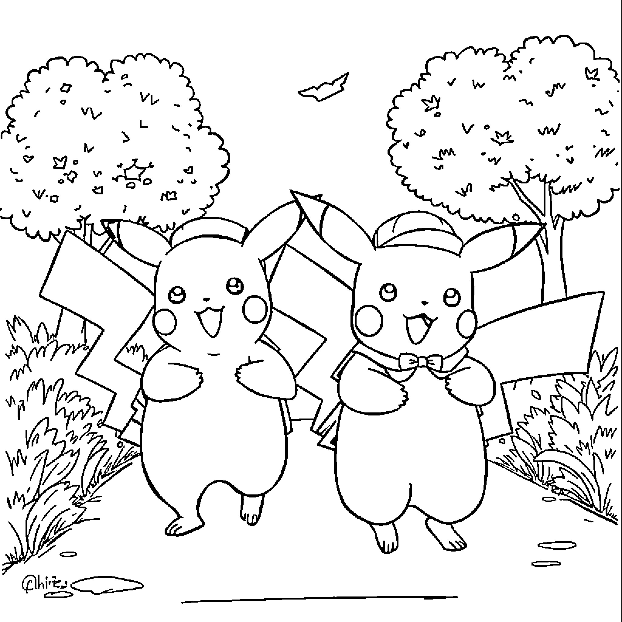 Pikachu pals exploring the enchanting forest Coloring Page (free black-and-white line drawing printable PDF for all, from beginners to advanced learners, including children, teens, adults, and seniors)
