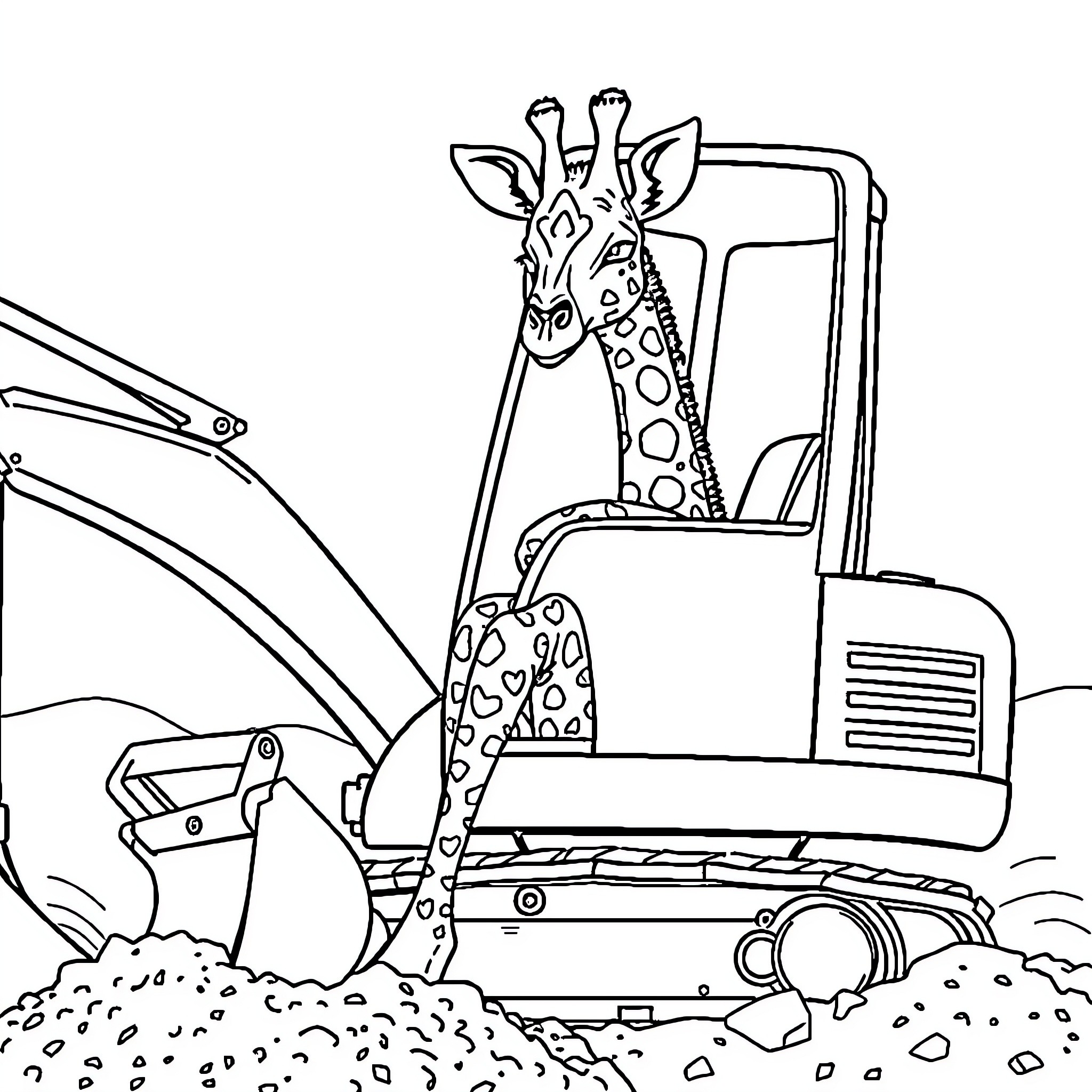 Okapi operates construction machinery in the field Coloring Page (free black-and-white line drawing printable PDF for all, from beginners to advanced learners, including children, teens, adults, and seniors)