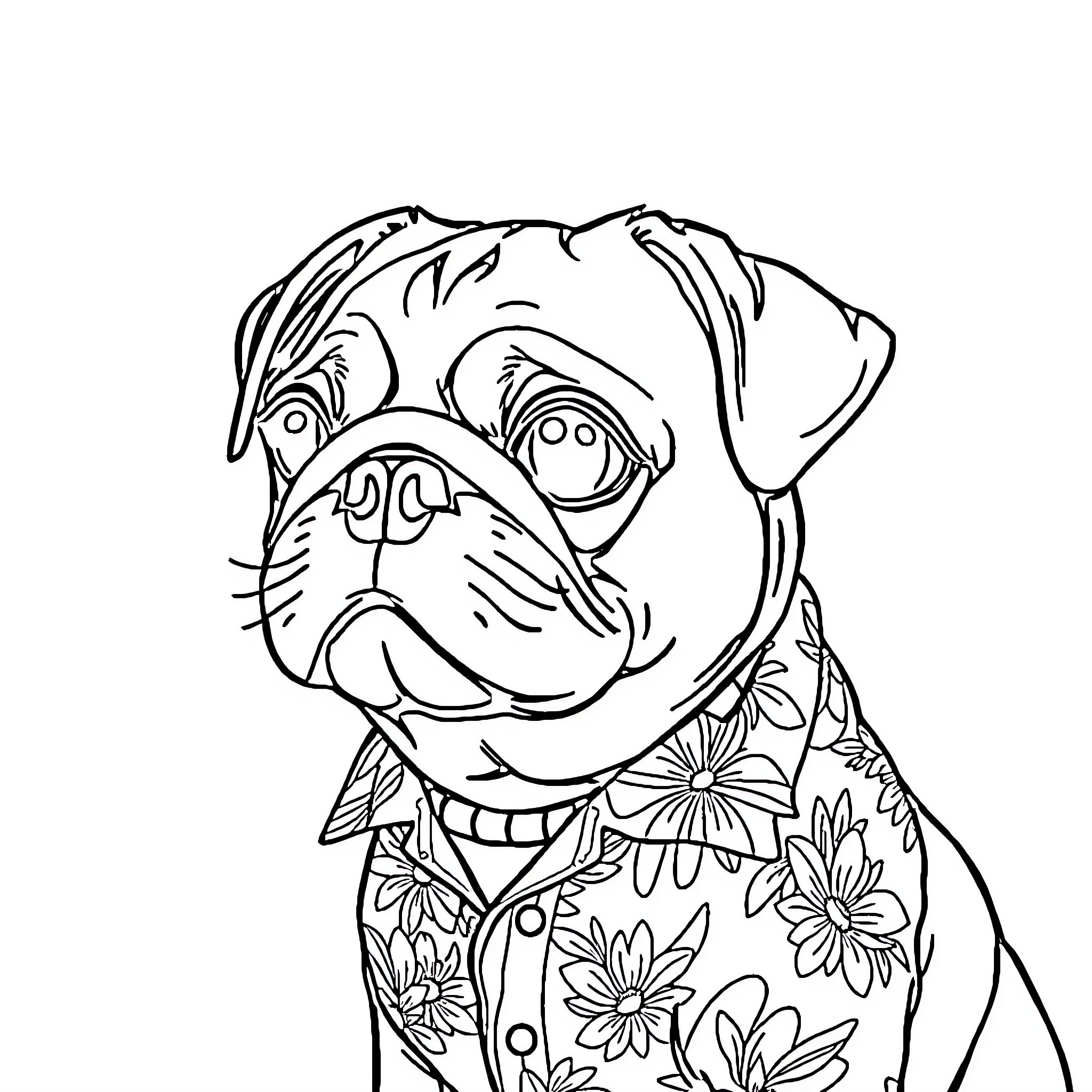 Pug wearing a floral collar and looking playful Coloring Page (free black-and-white line drawing printable PDF for all, from beginners to advanced learners, including children, teens, adults, and seniors)