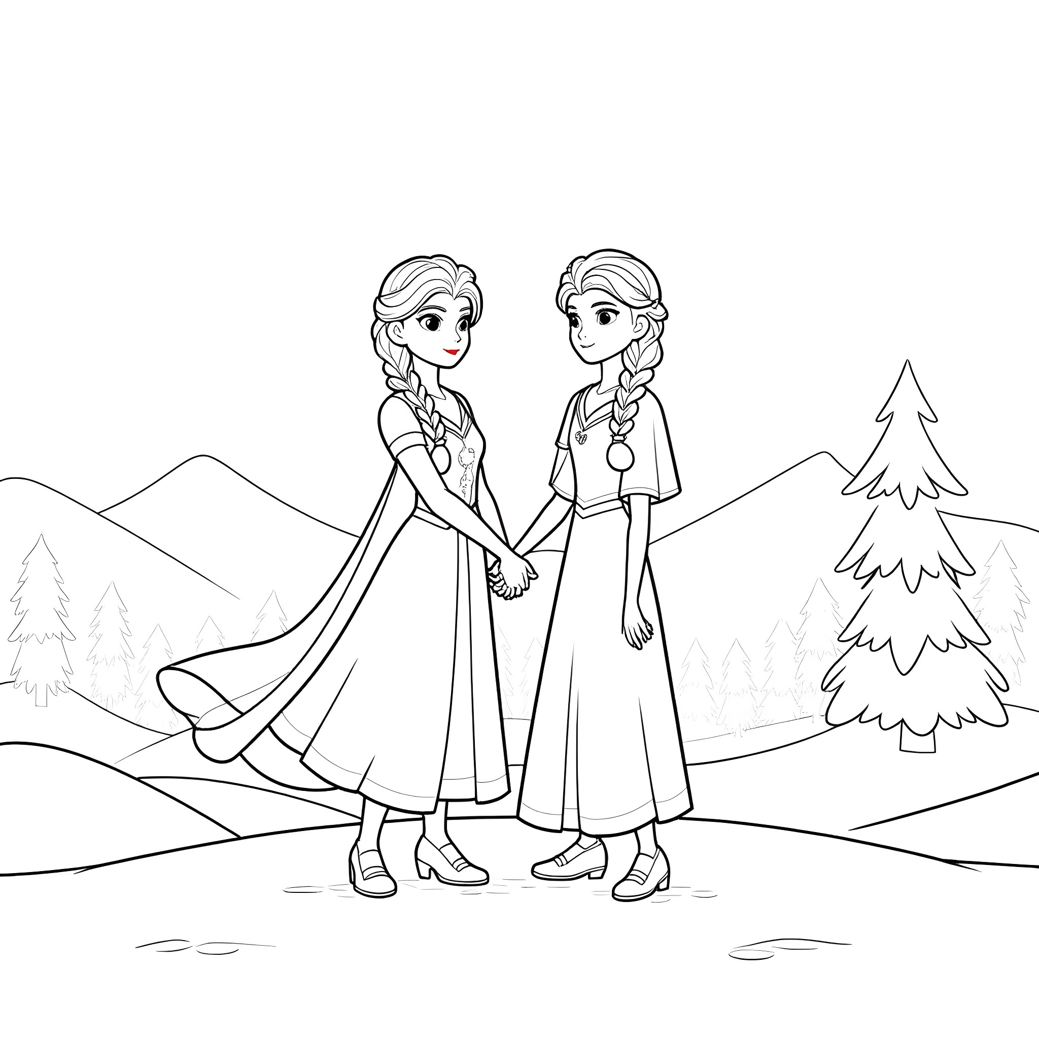 Elsa and Anna holding hands in winter wonderland Coloring Page (free black-and-white line drawing printable PDF for all, from beginners to advanced learners, including children, teens, adults, and seniors)