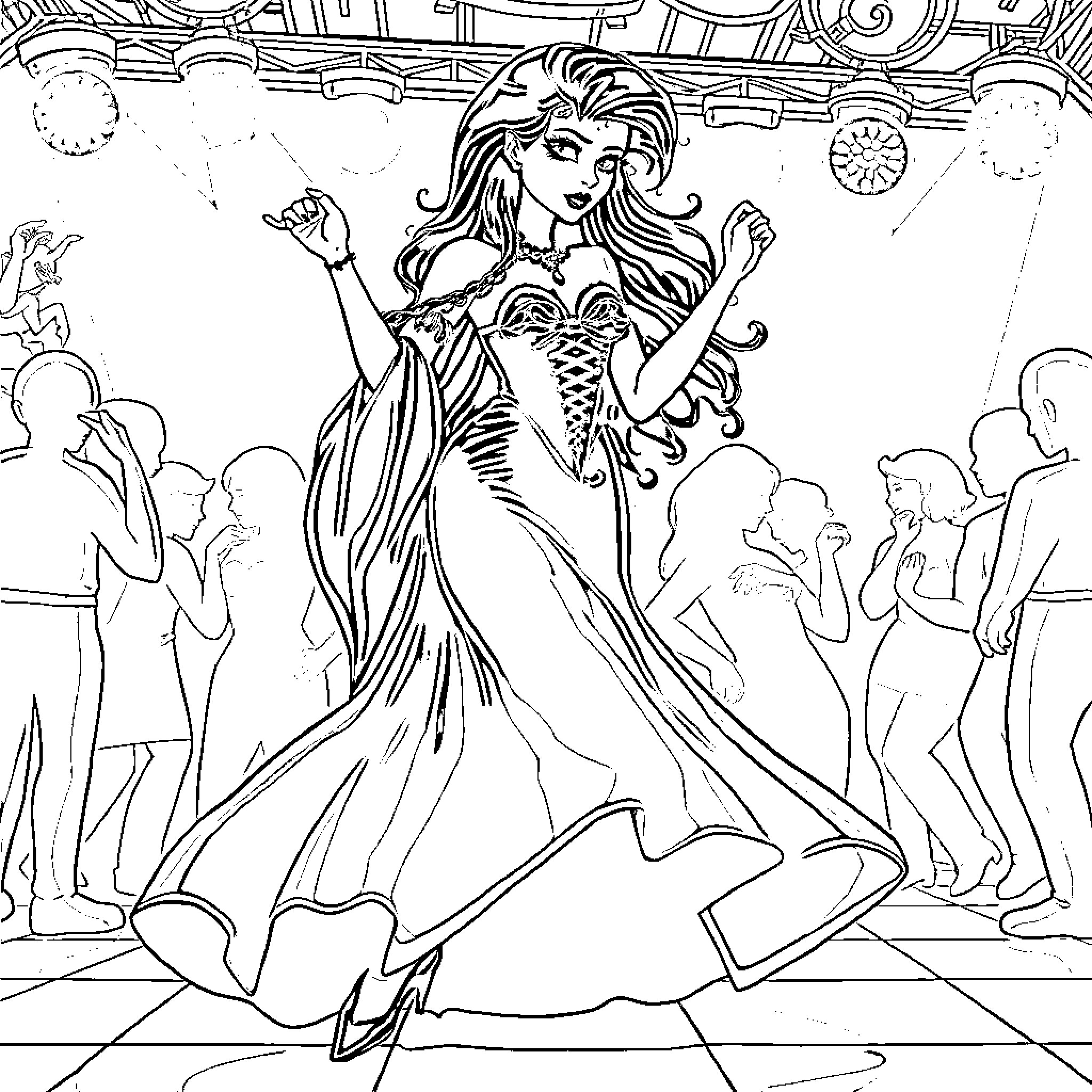 Ariel dancing and celebrating in a grand ballroom Coloring Page (free black-and-white line drawing printable PDF for all, from beginners to advanced learners, including children, teens, adults, and seniors)
