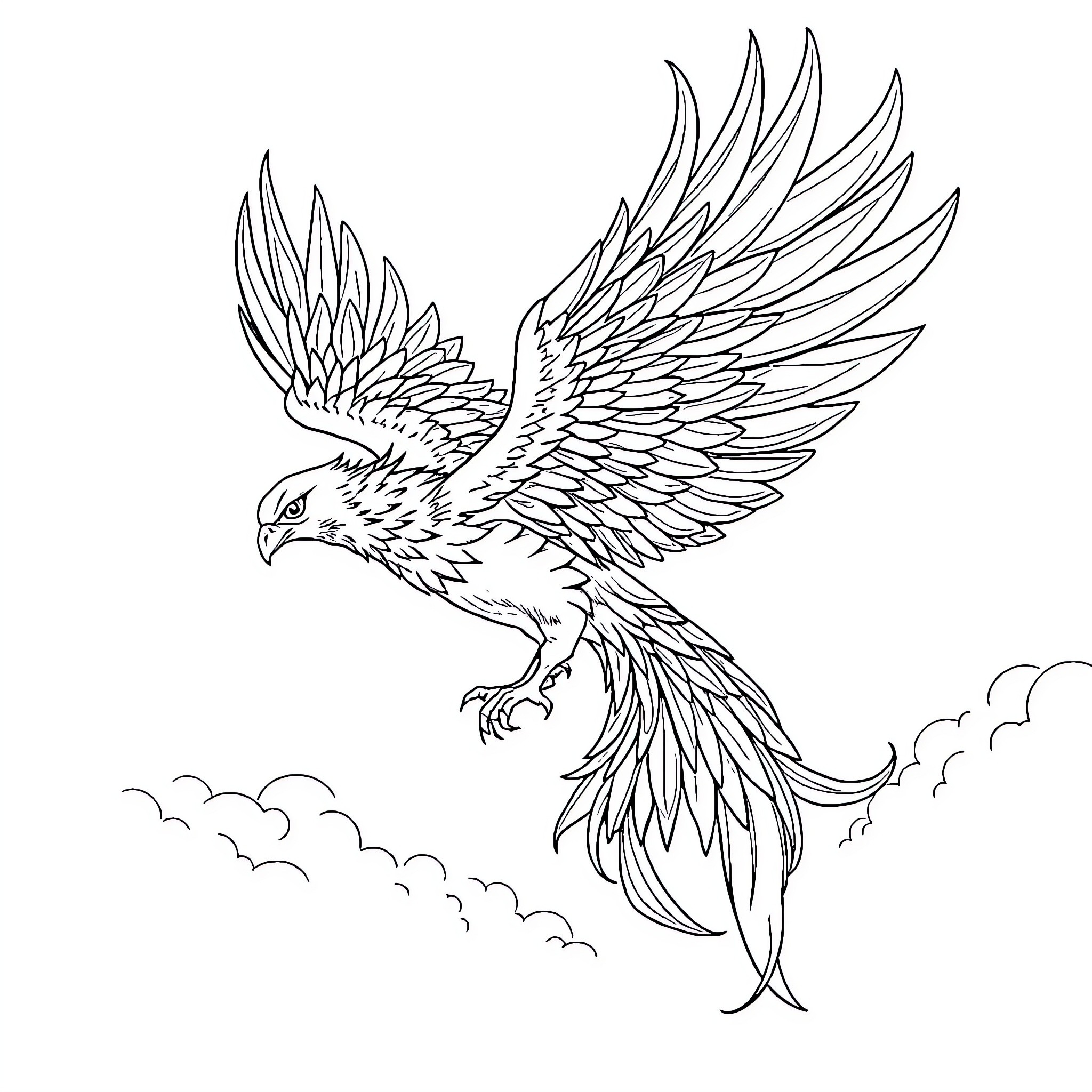 Phoenix soaring through the sky Coloring Page (free black-and-white line drawing printable PDF for all, from beginners to advanced learners, including children, teens, adults, and seniors)