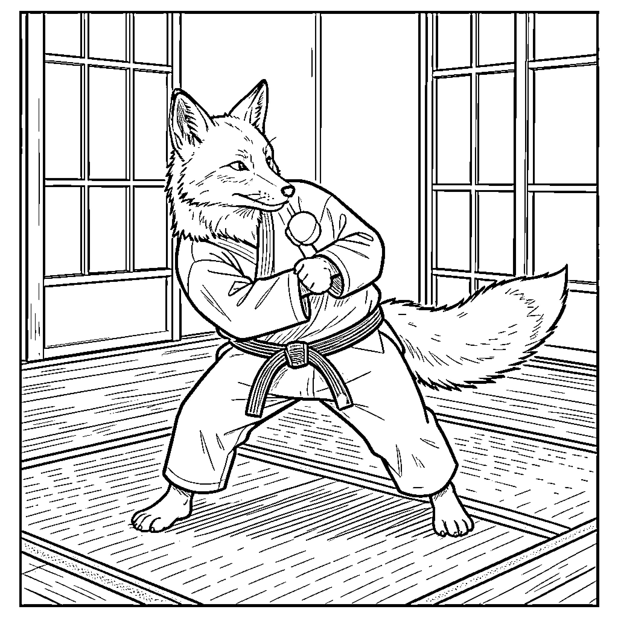 Fox wearing martial arts uniform in a dojo Coloring Page (free black-and-white line drawing printable PDF for all, from beginners to advanced learners, including children, teens, adults, and seniors)