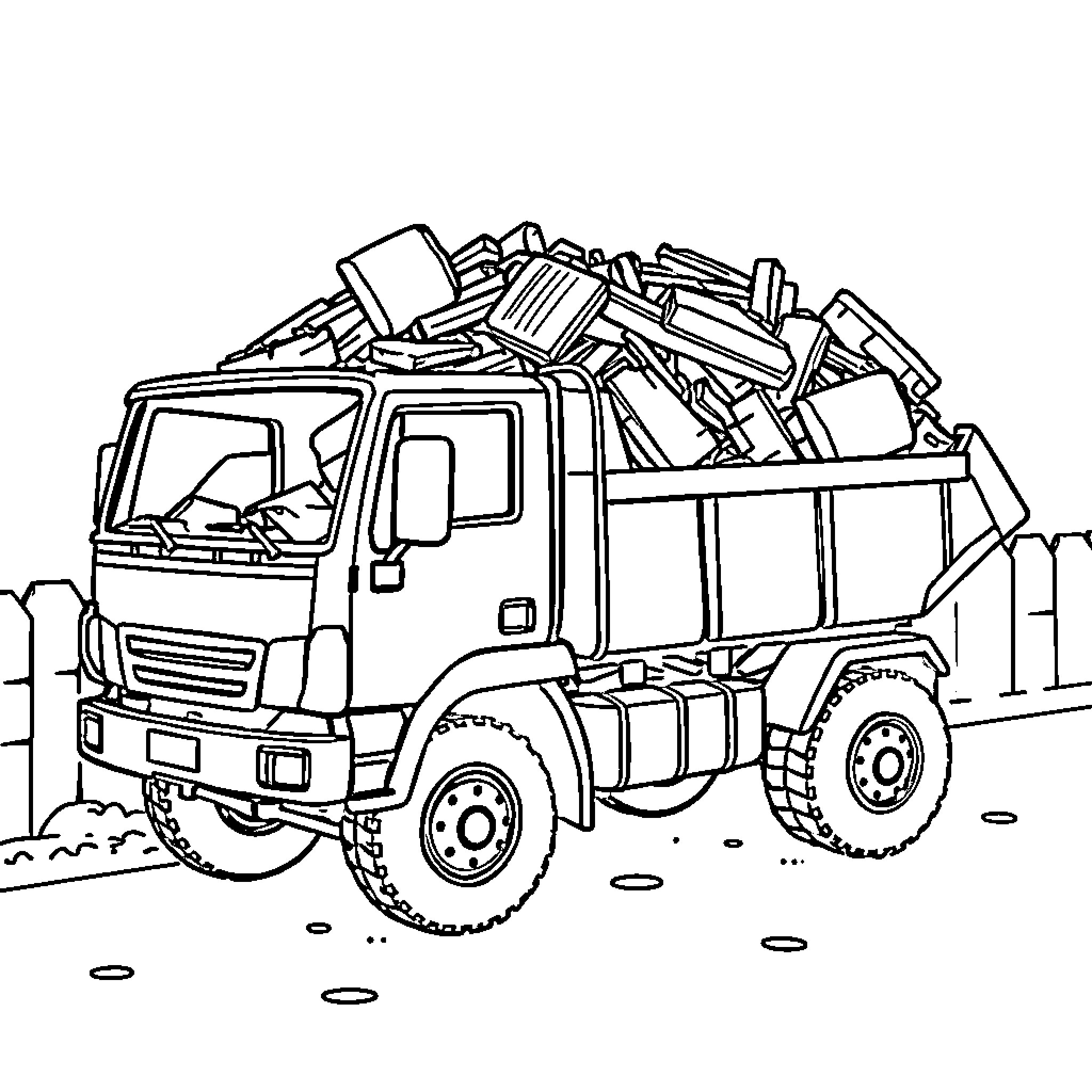 Lorry carrying construction materials on the road Coloring Page (free black-and-white line drawing printable PDF for all, from beginners to advanced learners, including children, teens, adults, and seniors)