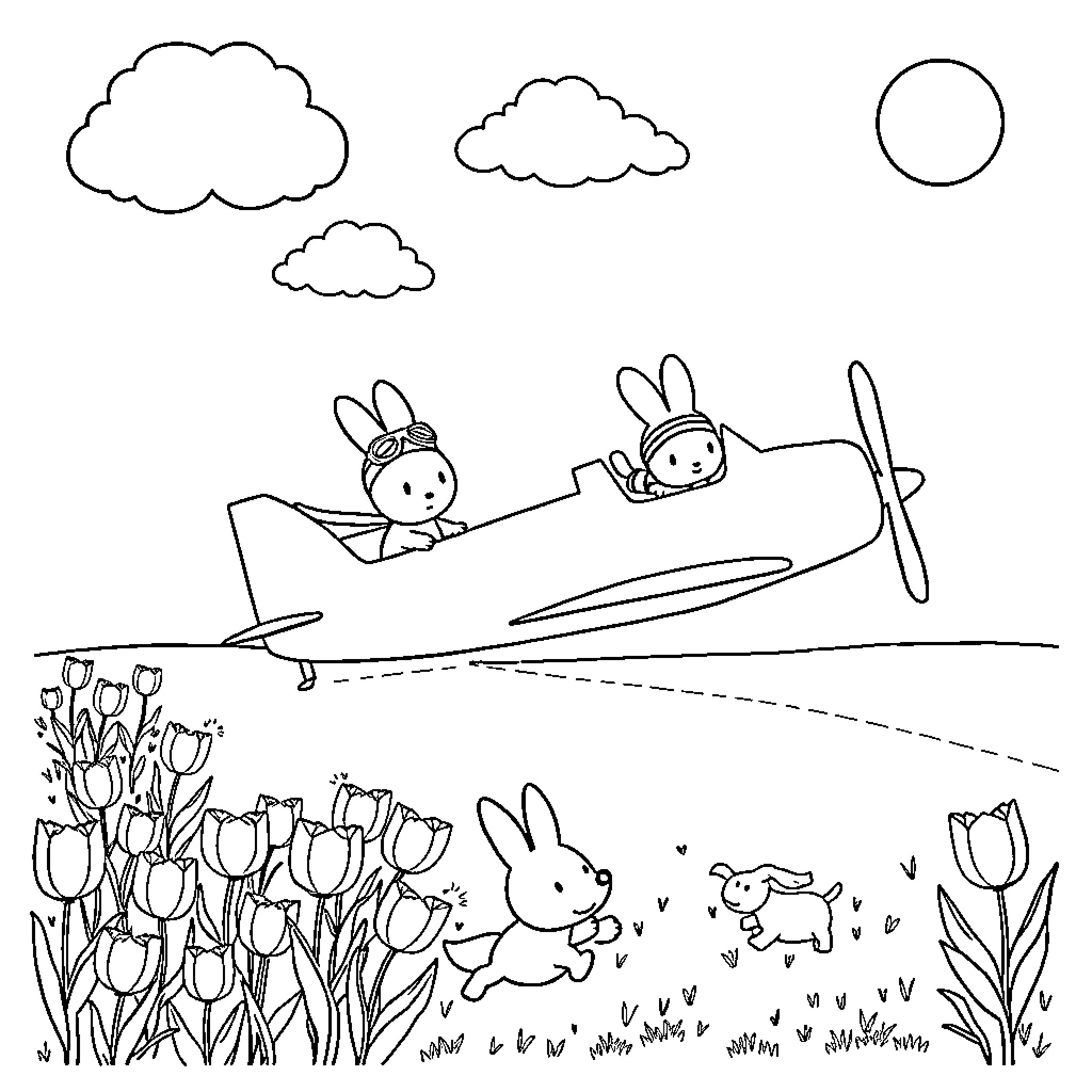 Miffy's adventure in the airplane over tulip field Coloring Page (free black-and-white line drawing printable PDF for all, from beginners to advanced learners, including children, teens, adults, and seniors)