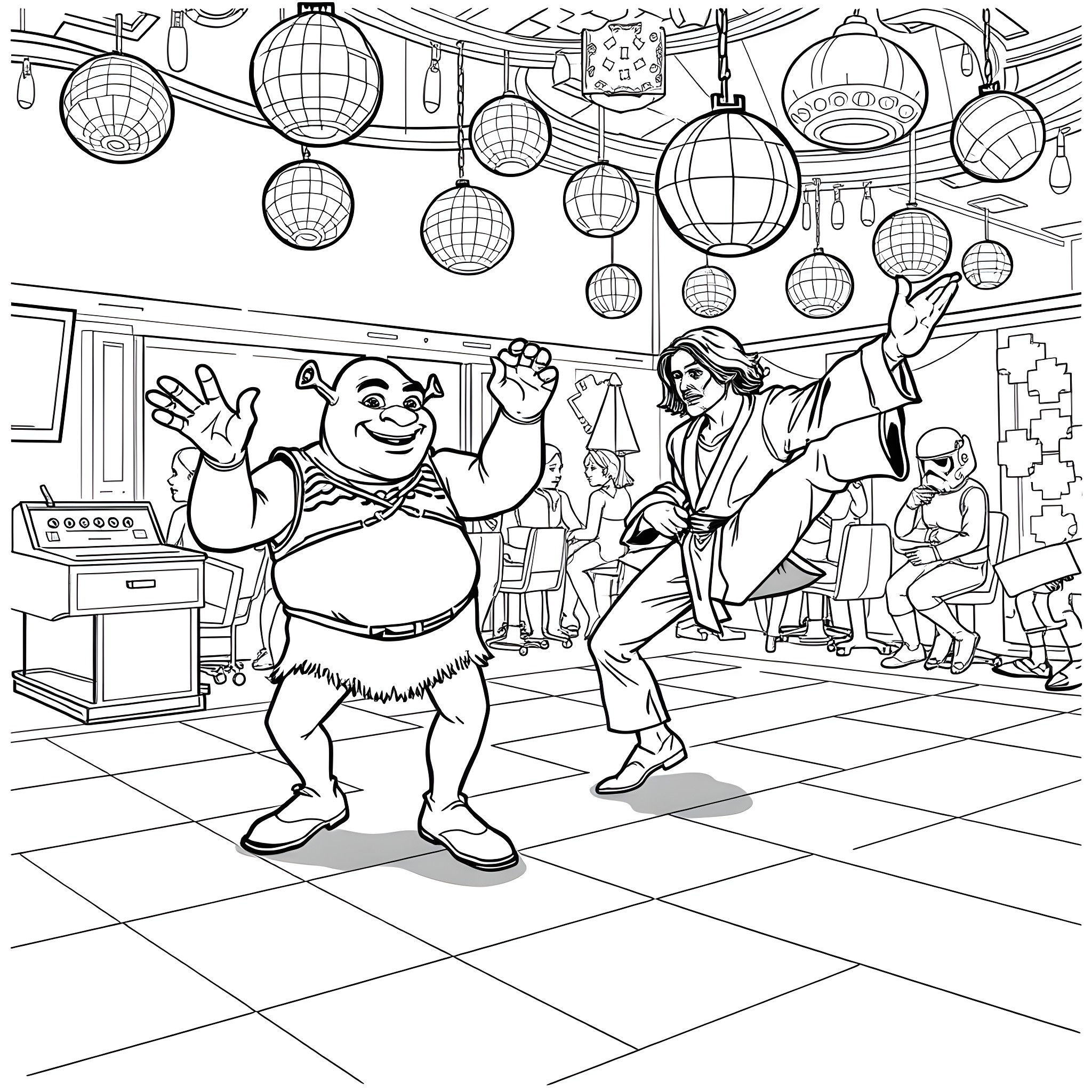 Shrek dancing in a festive scene with lanterns Coloring Page (free black-and-white line drawing printable PDF for all, from beginners to advanced learners, including children, teens, adults, and seniors)