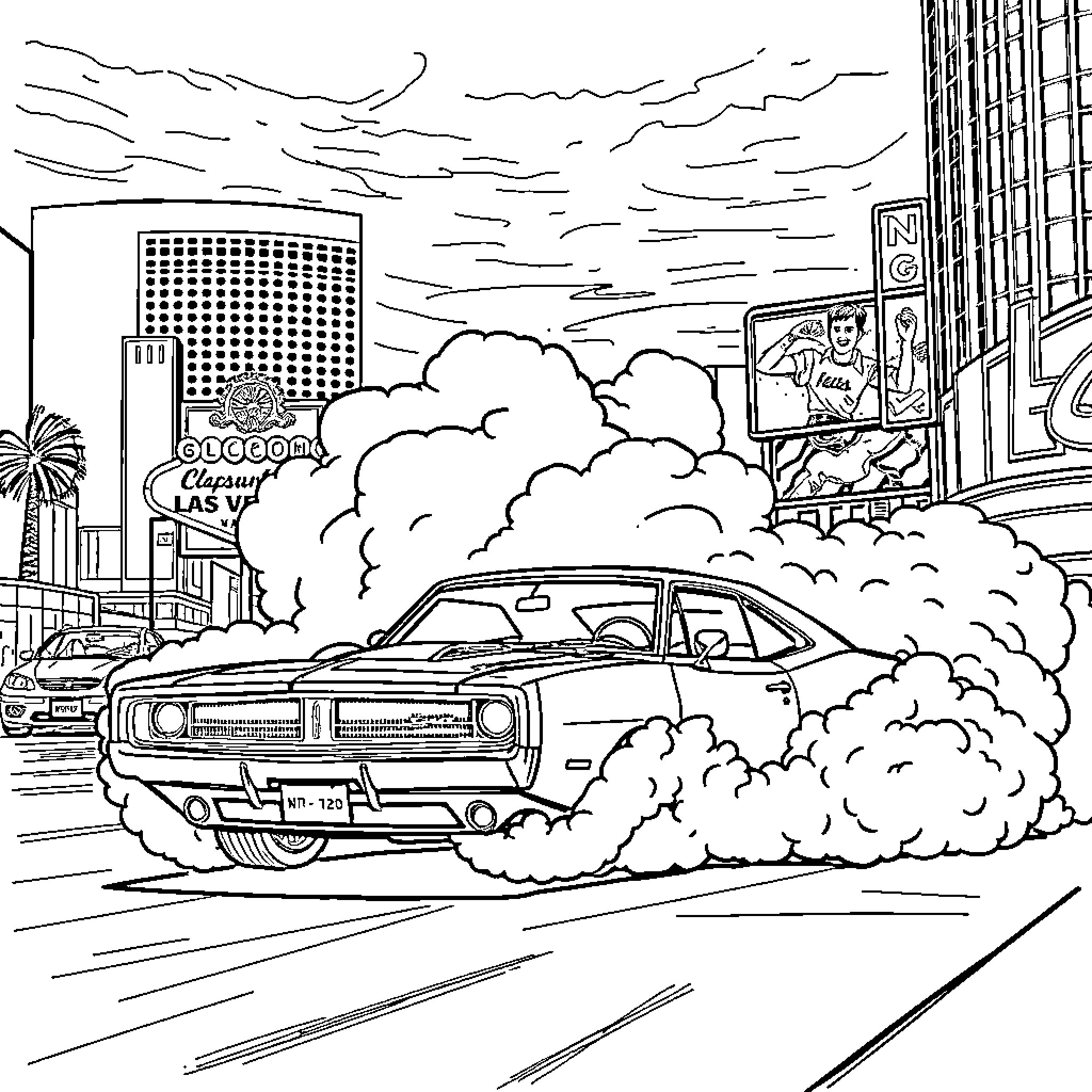 Charger racing through the city streets Coloring Page (free black-and-white line drawing printable PDF for all, from beginners to advanced learners, including children, teens, adults, and seniors)