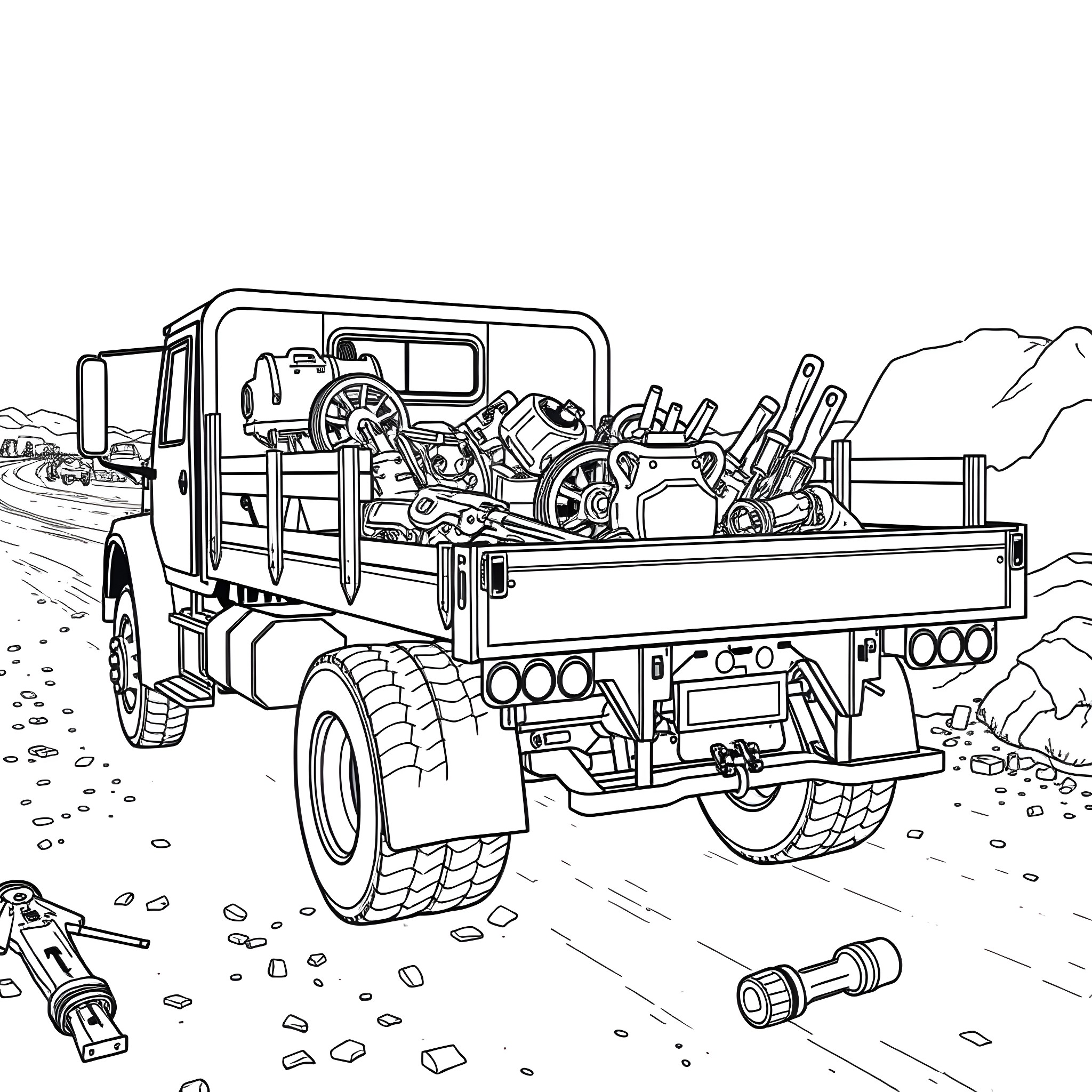Flatbed truck transporting construction equipment Coloring Page (free black-and-white line drawing printable PDF for all, from beginners to advanced learners, including children, teens, adults, and seniors)