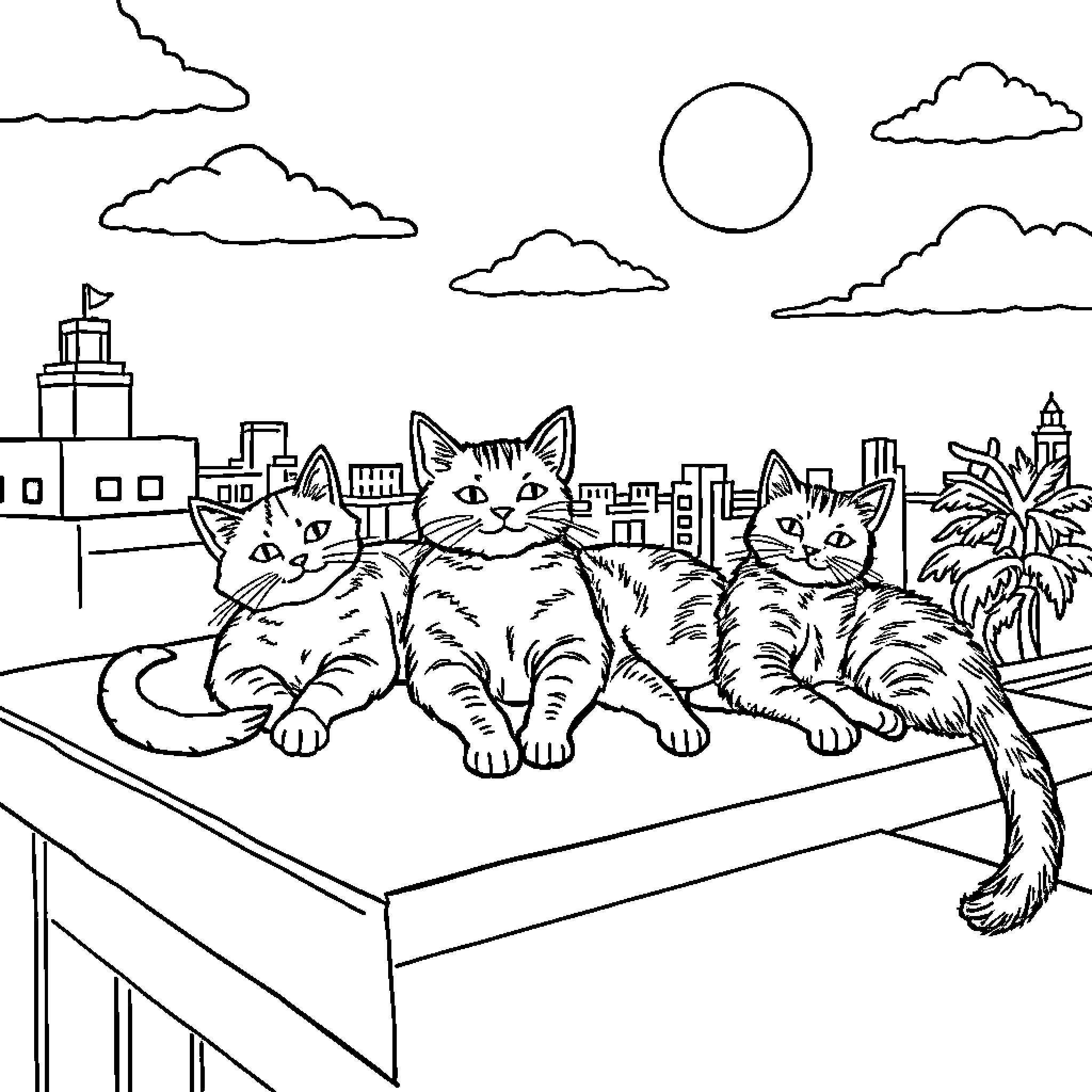 Cat Trio Relaxing on the Rooftop Coloring Page (free black-and-white line drawing printable PDF for all, from beginners to advanced learners, including children, teens, adults, and seniors)