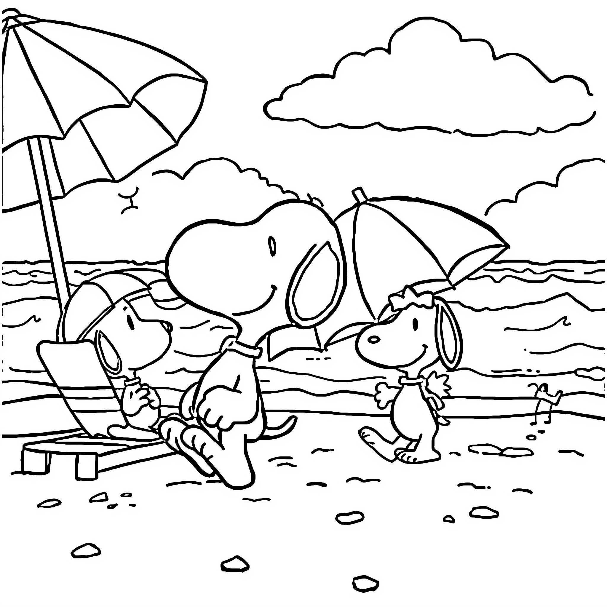 Snoopy and friends enjoying a day at the beach Coloring Page (free black-and-white line drawing printable PDF for all, from beginners to advanced learners, including children, teens, adults, and seniors)