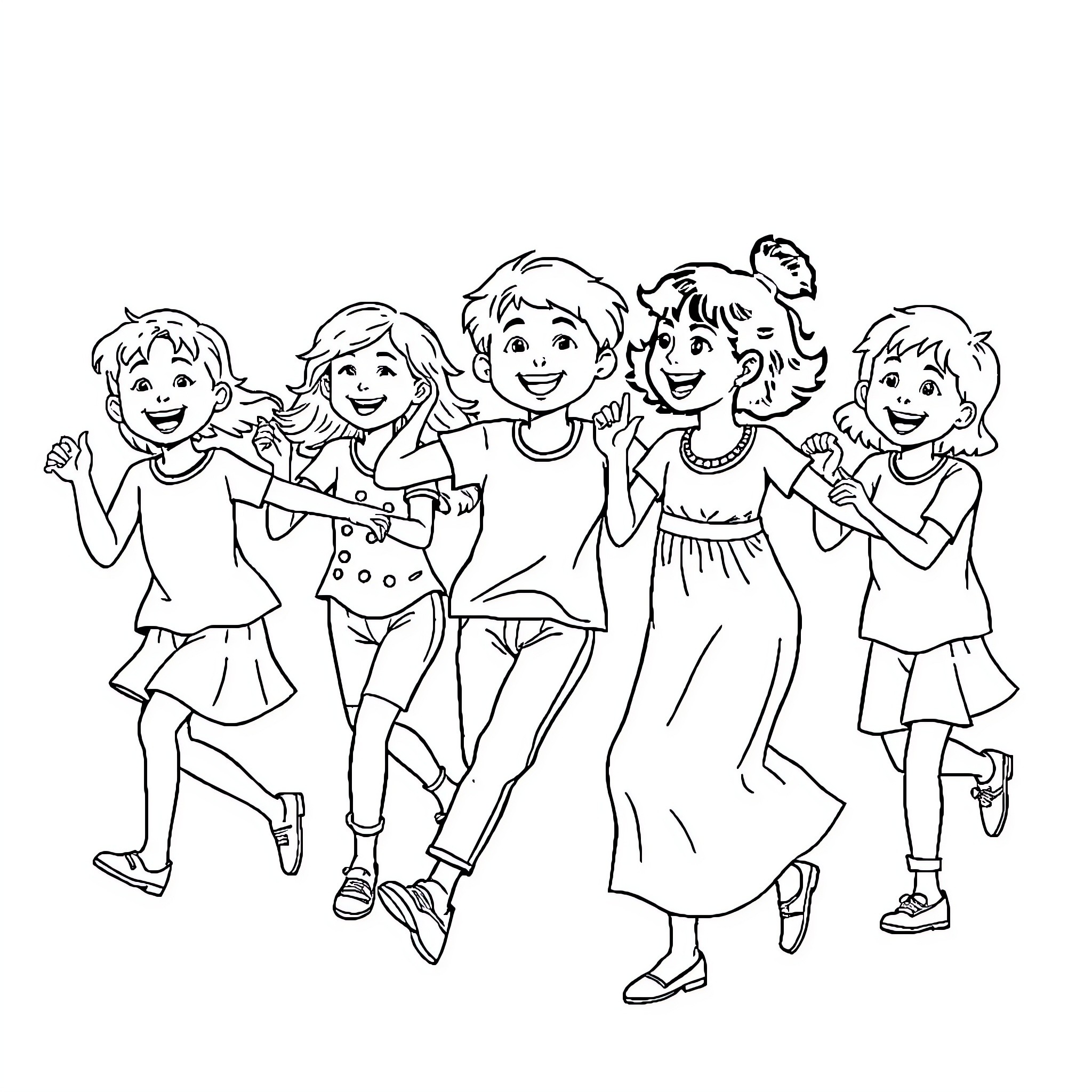 Kid friends having fun together Coloring Page (free black-and-white line drawing printable PDF for all, from beginners to advanced learners, including children, teens, adults, and seniors)