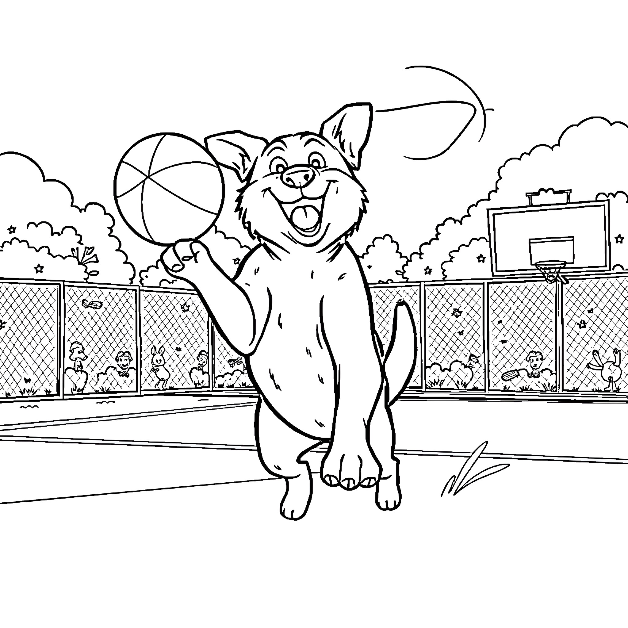 Dog playing joyfully with a basketball on the court Coloring Page (free black-and-white line drawing printable PDF for all, from beginners to advanced learners, including children, teens, adults, and seniors)