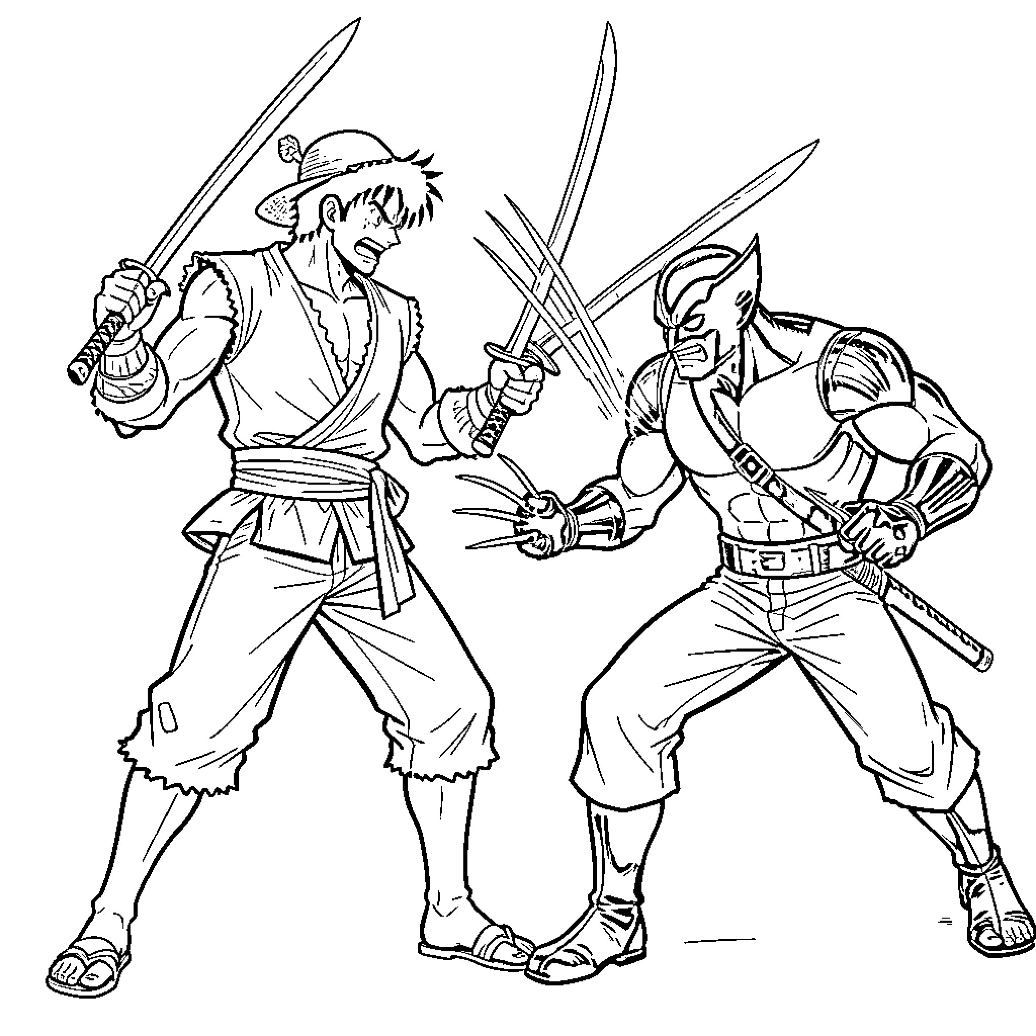 Zoro engaging in a fierce sword duel with Wolverine Coloring Page (free black-and-white line drawing printable PDF for all, from beginners to advanced learners, including children, teens, adults, and seniors)