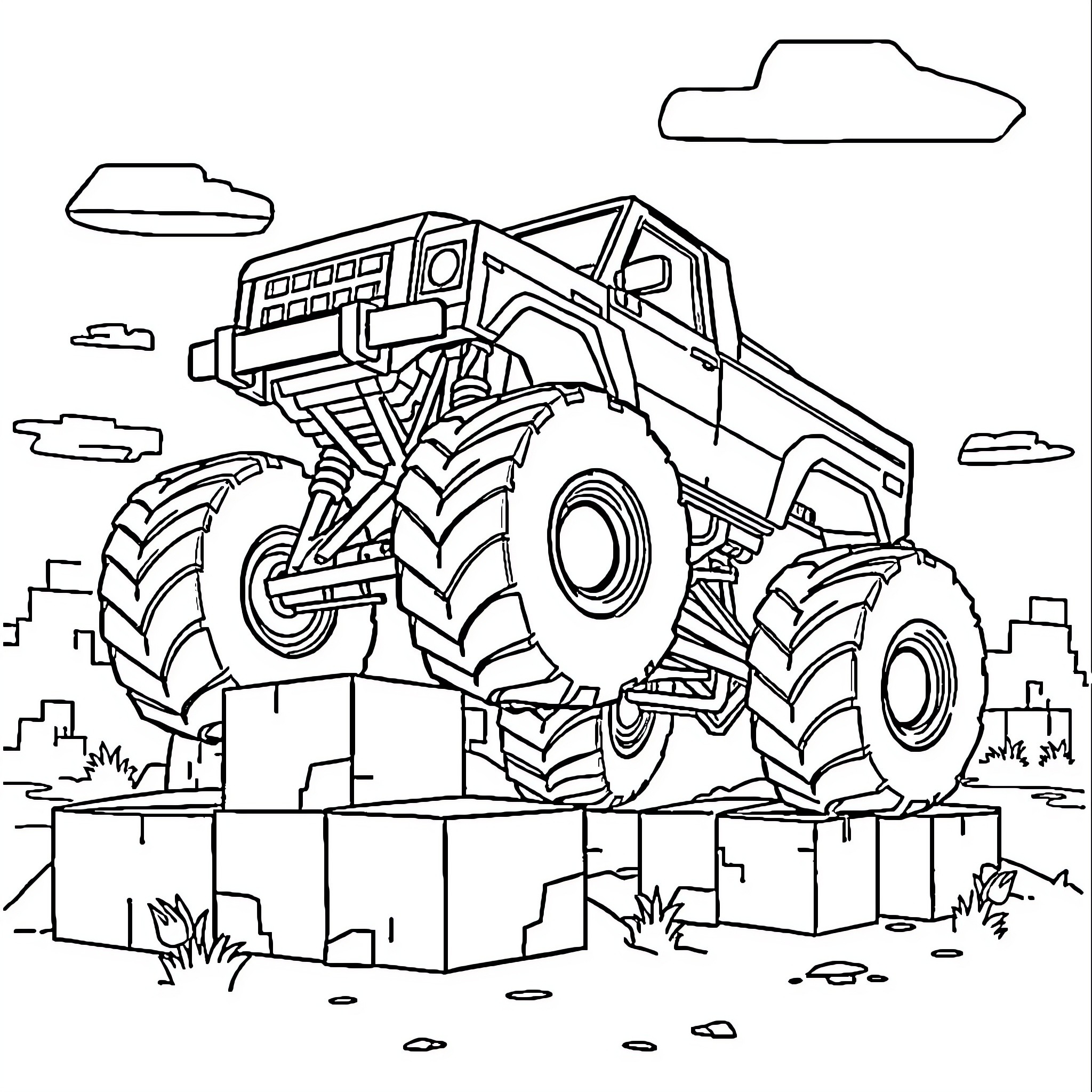 Monster Truck Crushing Obstacles on the Road Coloring Page (free black-and-white line drawing printable PDF for all, from beginners to advanced learners, including children, teens, adults, and seniors)
