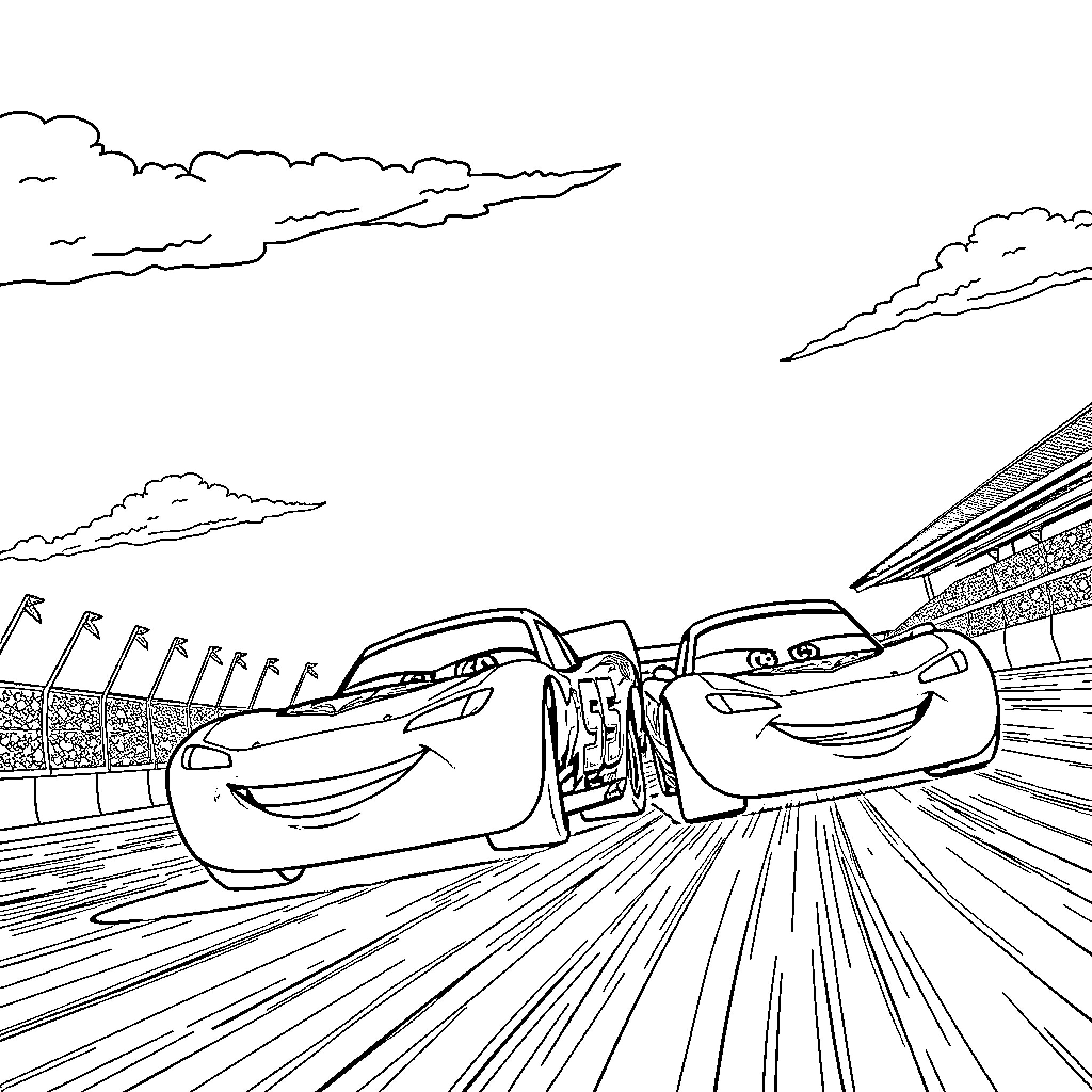 Flash McQueen racing in the track with his friends Coloring Page (free black-and-white line drawing printable PDF for all, from beginners to advanced learners, including children, teens, adults, and seniors)