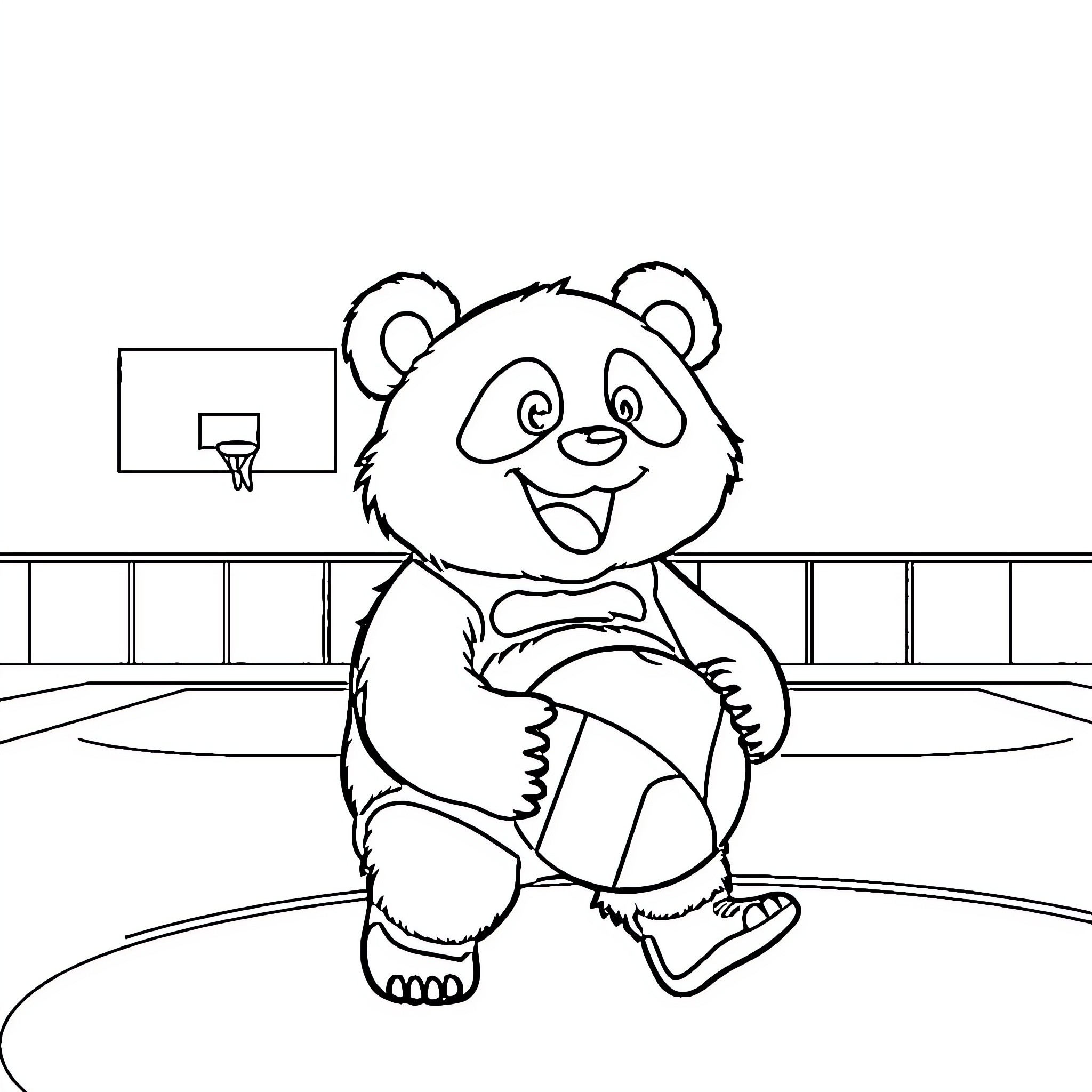 Panda playing with basketball on court Coloring Page (free black-and-white line drawing printable PDF for all, from beginners to advanced learners, including children, teens, adults, and seniors)