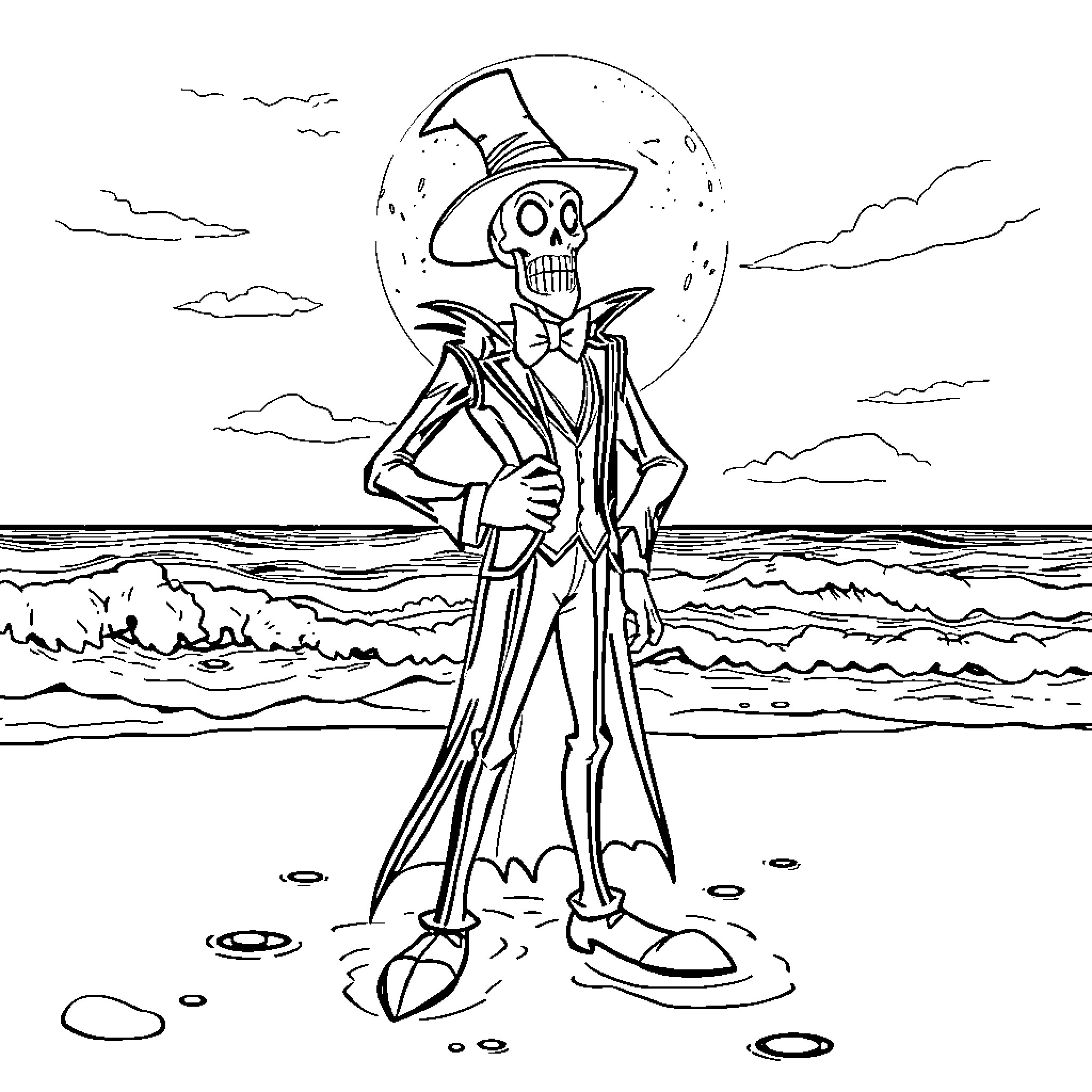 Master Gracey's Spooky Seaside Stroll Coloring Page (free black-and-white line drawing printable PDF for all, from beginners to advanced learners, including children, teens, adults, and seniors)