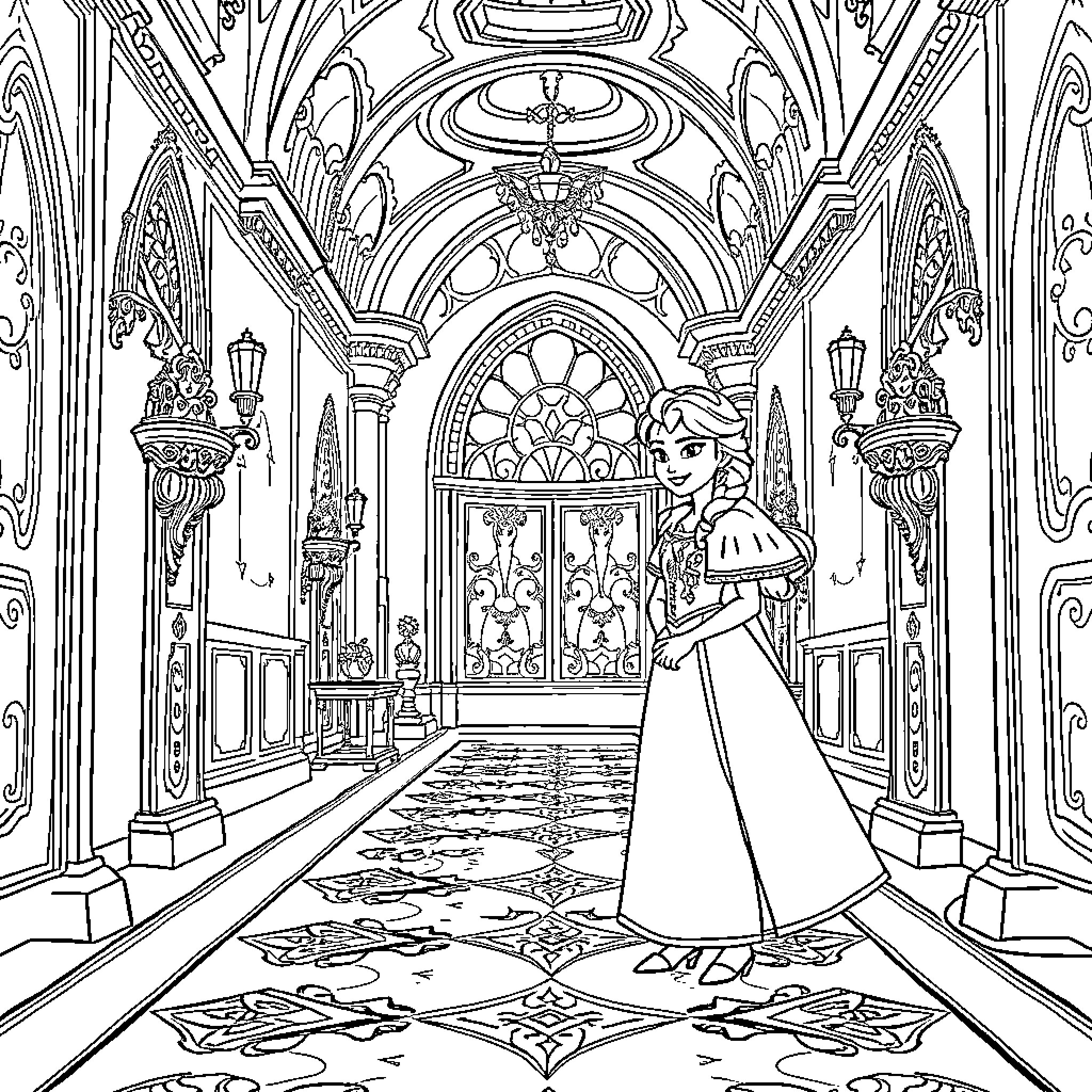 Elsa exploring the grand palace Coloring Page (free black-and-white line drawing printable PDF for all, from beginners to advanced learners, including children, teens, adults, and seniors)