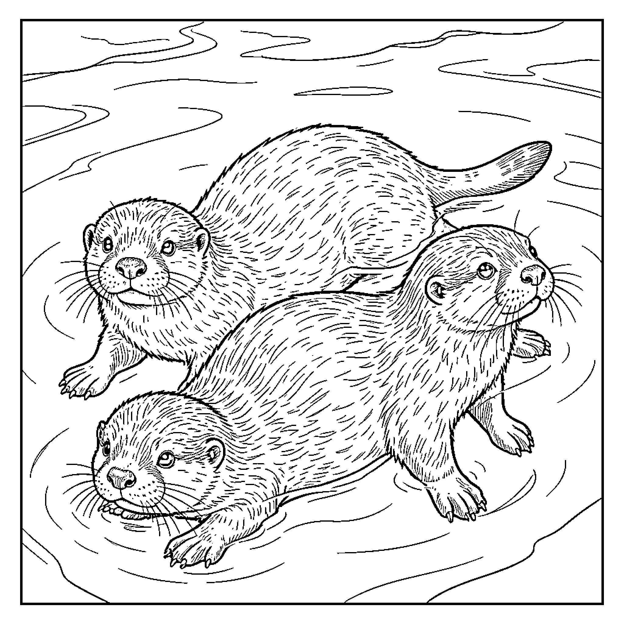 Sea Otters Playing in the Water Coloring Page (free black-and-white line drawing printable PDF for all, from beginners to advanced learners, including children, teens, adults, and seniors)