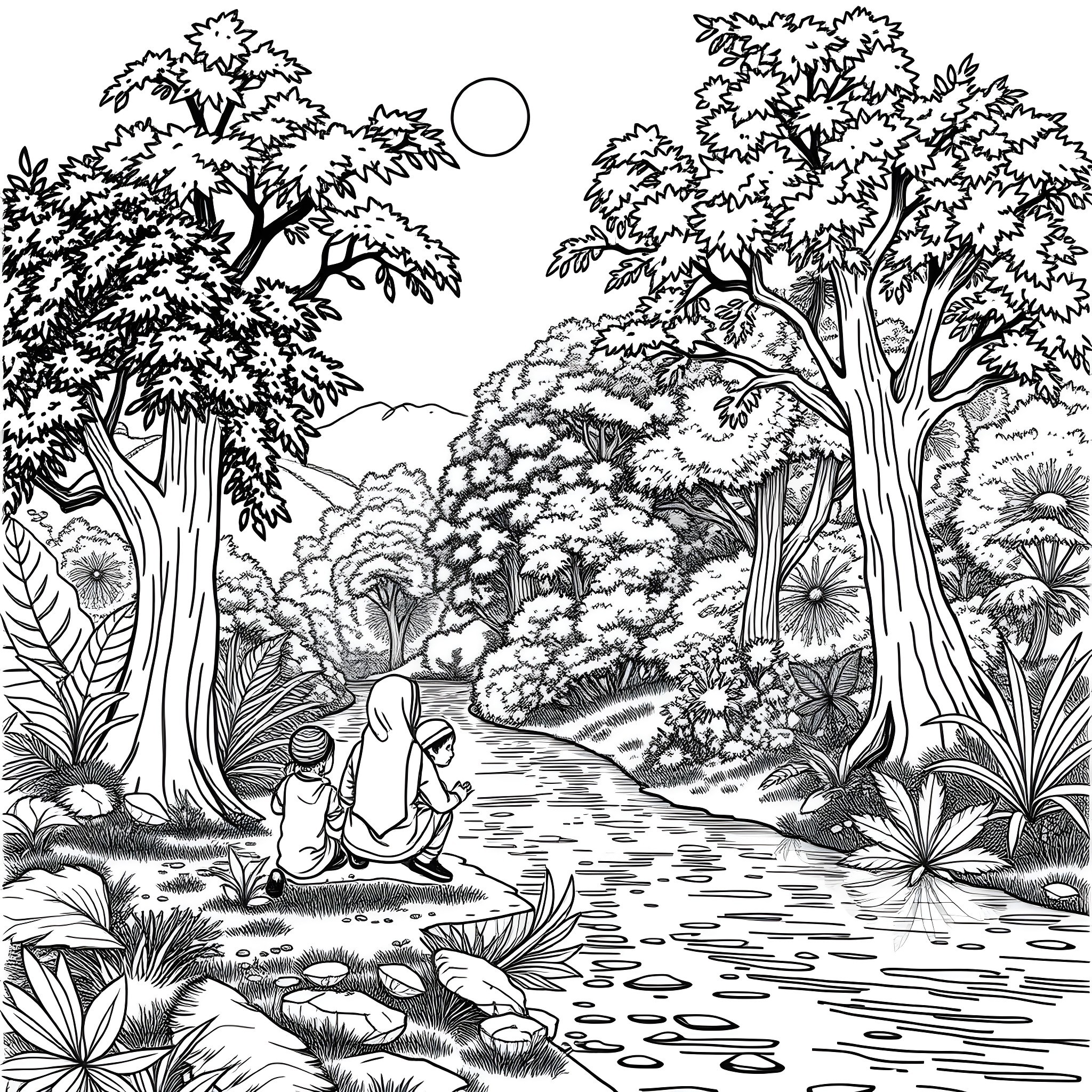 Children playing in the serene forest landscape Coloring Page (free black-and-white line drawing printable PDF for all, from beginners to advanced learners, including children, teens, adults, and seniors)