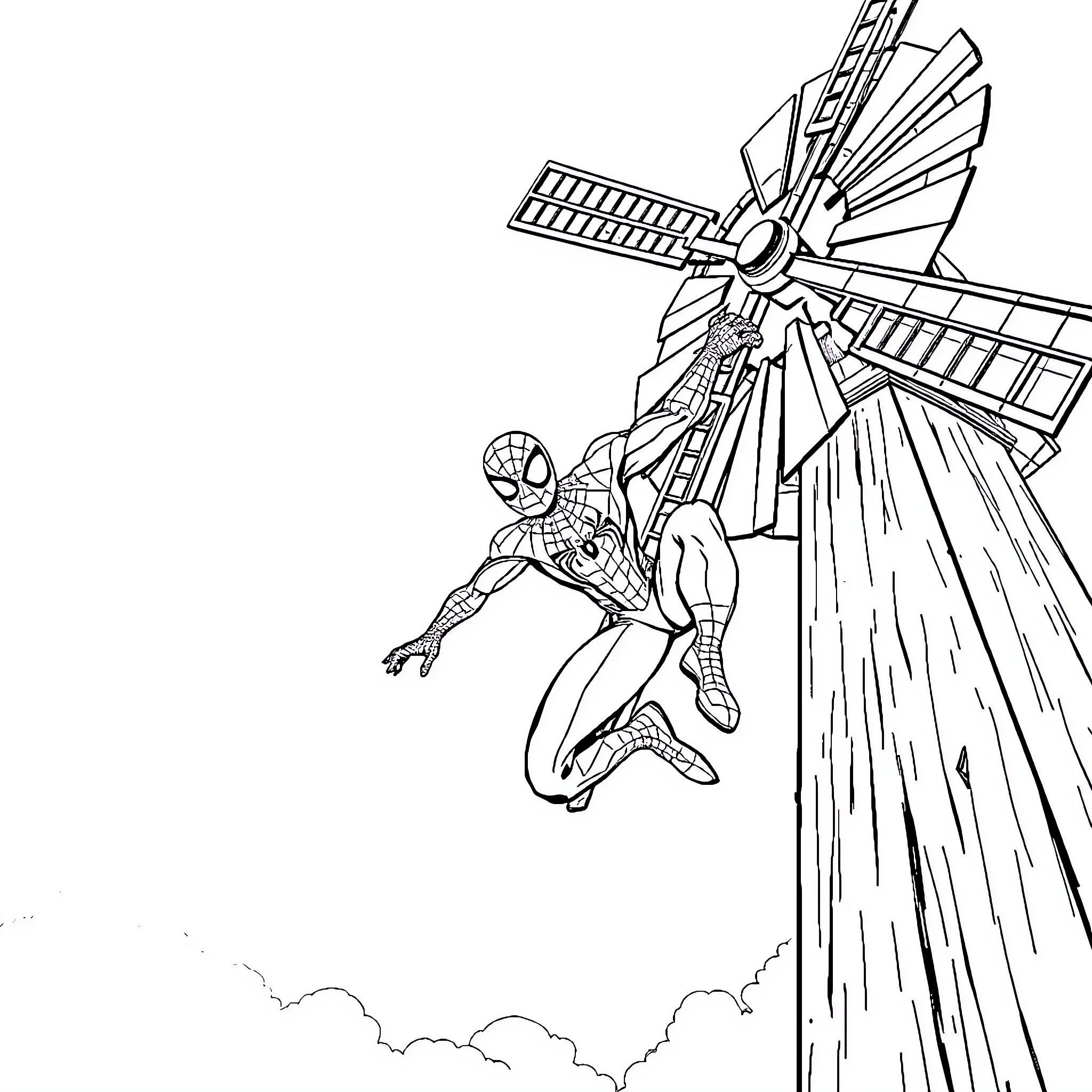 Spidey swinging past a windmill Coloring Page (free black-and-white line drawing printable PDF for all, from beginners to advanced learners, including children, teens, adults, and seniors)