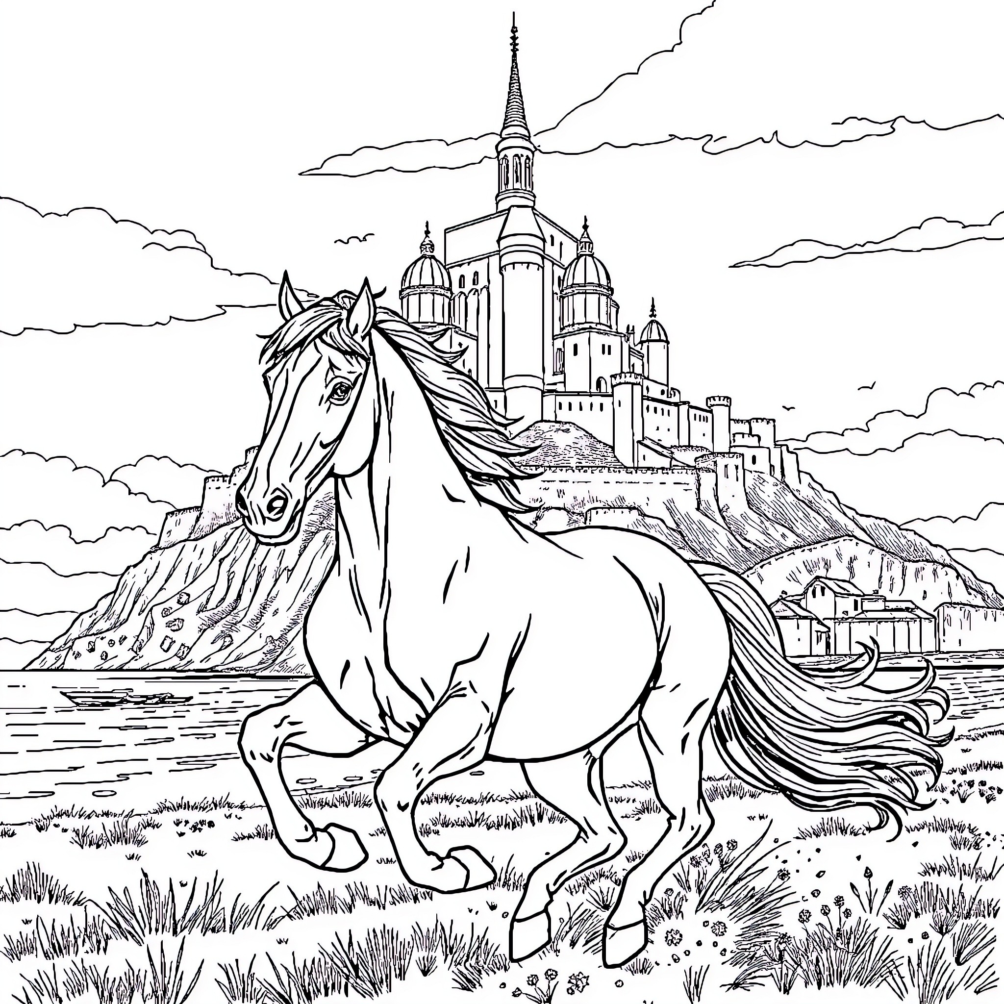 Horse galloping towards a majestic castle Coloring Page (free black-and-white line drawing printable PDF for all, from beginners to advanced learners, including children, teens, adults, and seniors)