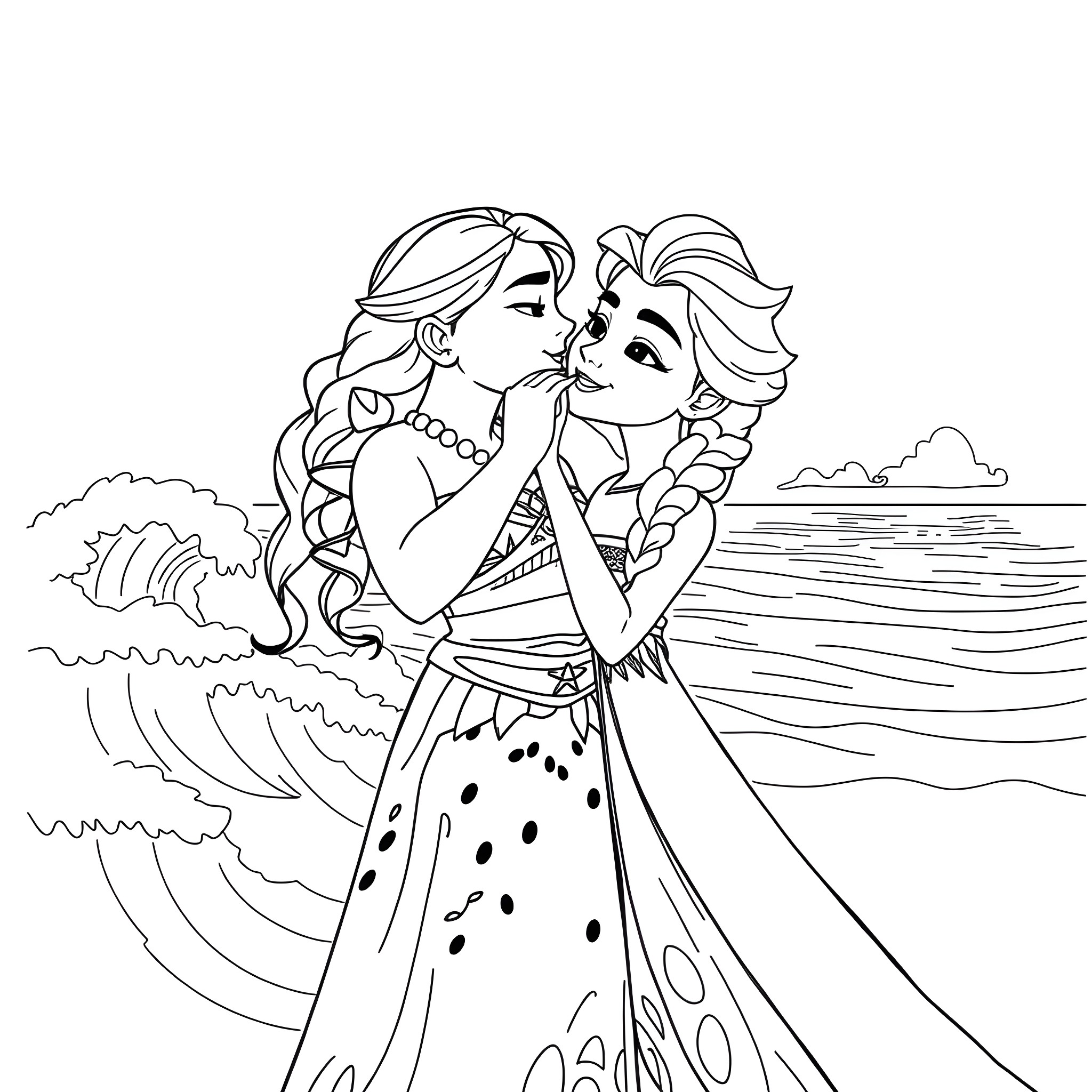 Moana embracing Maui in the ocean Coloring Page (free black-and-white line drawing printable PDF for all, from beginners to advanced learners, including children, teens, adults, and seniors)