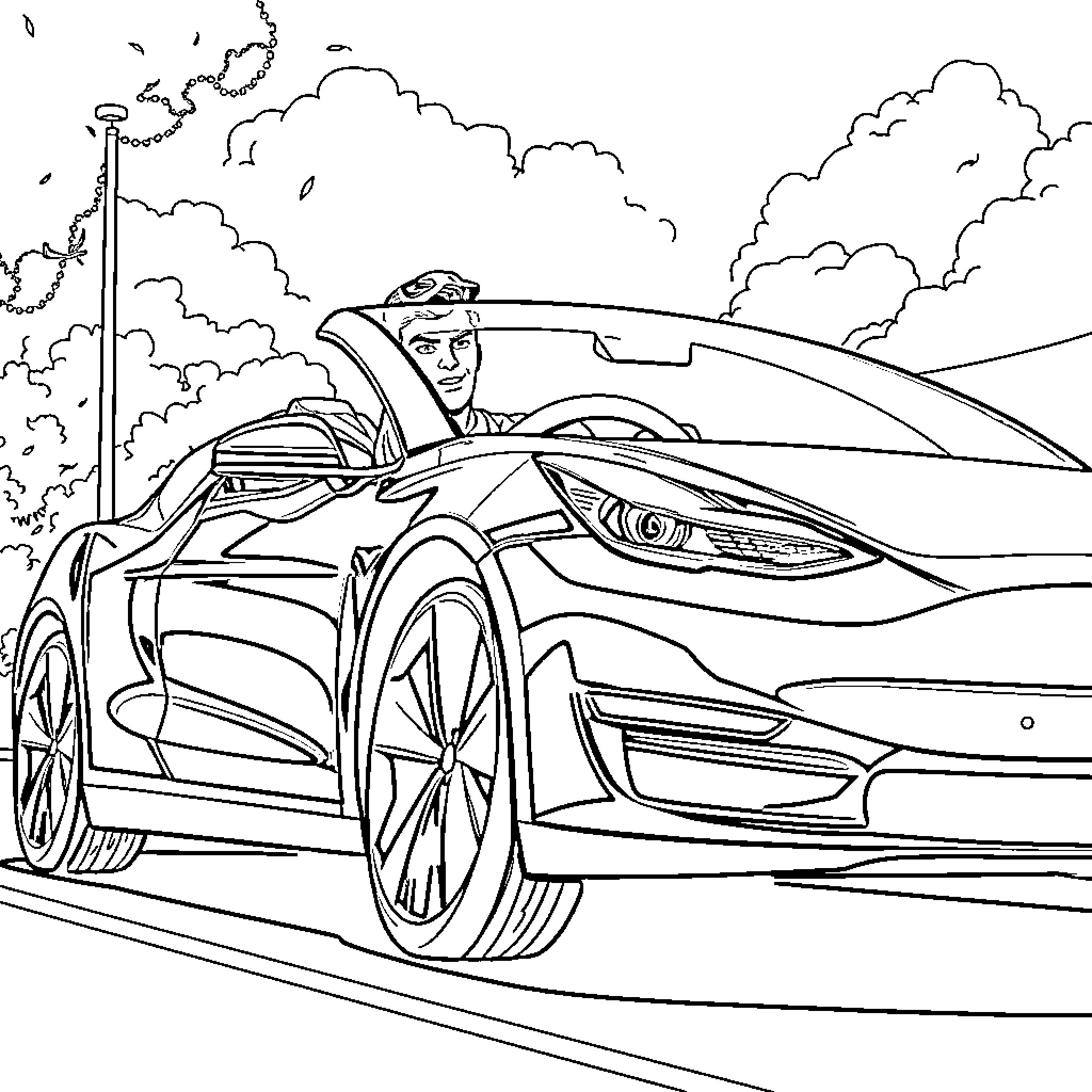 Superman driving a futuristic electric car Coloring Page (free black-and-white line drawing printable PDF for all, from beginners to advanced learners, including children, teens, adults, and seniors)